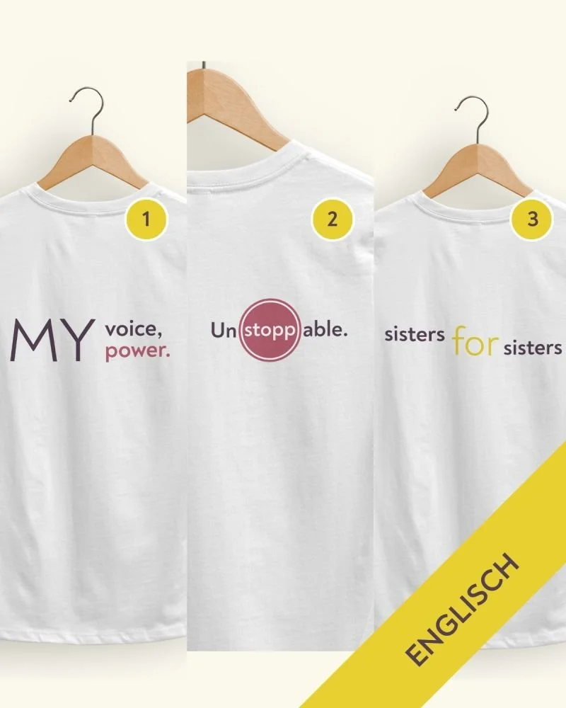 MADITA Team T-Shirts mit bestärkenden Statements auf Englisch aus dem Circle of Joy – sichtbar für weibliche Solidarität.