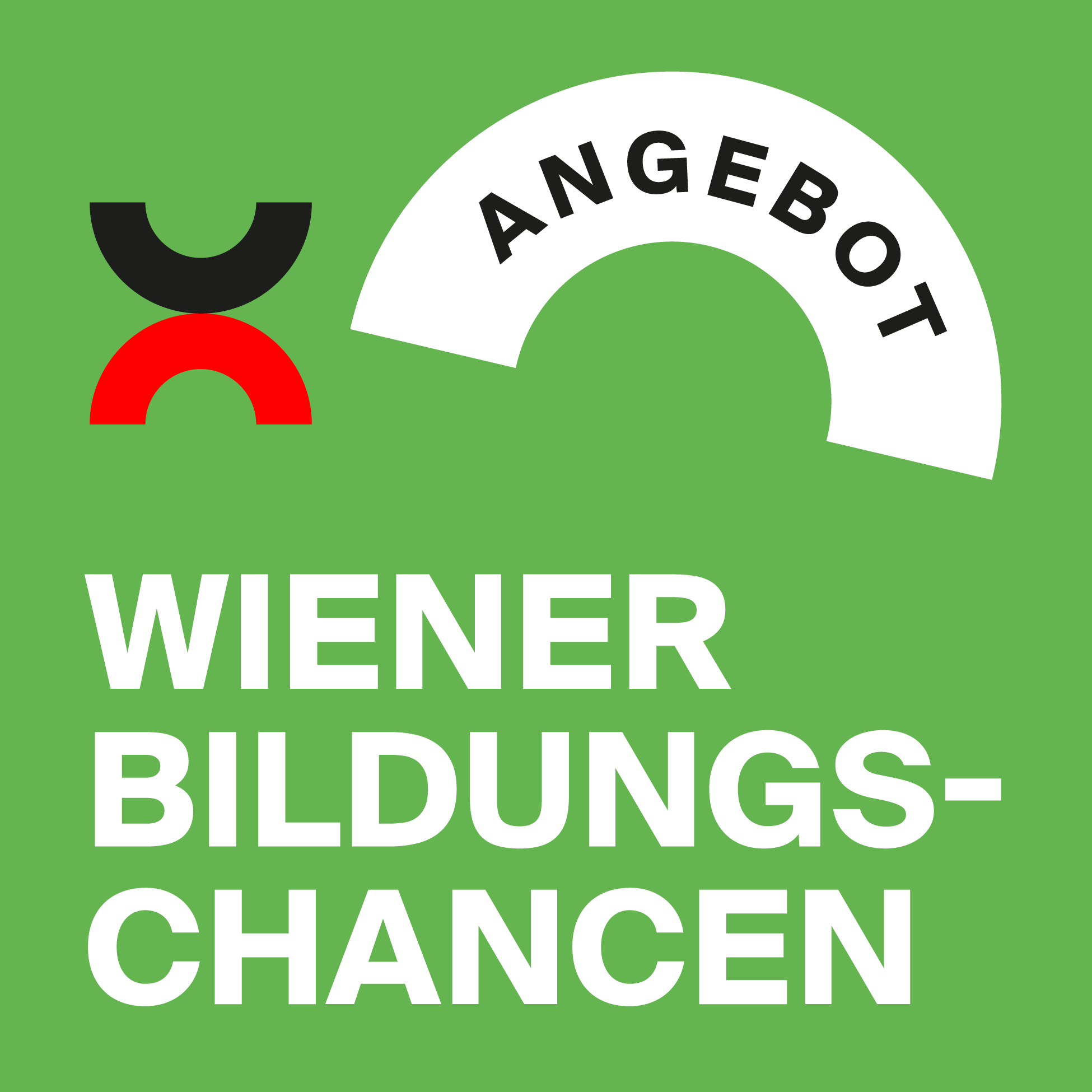 Grüner Hintergrund mit weißen, schwarzen, roten und schwarzen Buchstaben, der Text 'Wiener Bildungs-Chancen' und eine weiße Halbkreisform mit der Aufschrift 'Angebot' zeigt.