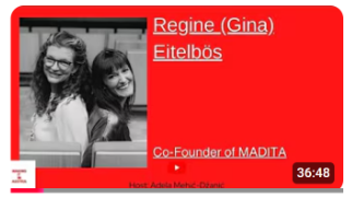 Zwei lachende Frauen vor grauem Hintergrund, mit roten und schwarzen Texten. Der Text enthält Namen und Titel, darunter 'Regine (Gina) Eitelbös' und 'Co-Founder of MADITA'.