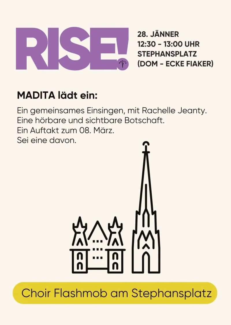 Frauen bei einer solidarischen Benefizaktion in Wien. Das Bild steht für Gemeinschaft, Sichtbarkeit und das Erheben weiblicher Stimmen im Rahmen von RISE und MADITA.