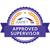 A badge with the text 'AAMFT Approved Supervisor' and a ribbon, indicating certification or approval.