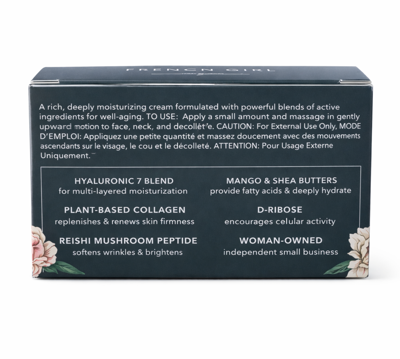 French Girl Crème Lumière Hyaluronic Radiance Cream box back showing hyaluronic 7 blend, plant-based collagen, reishi mushroom peptide, mango and shea butters.