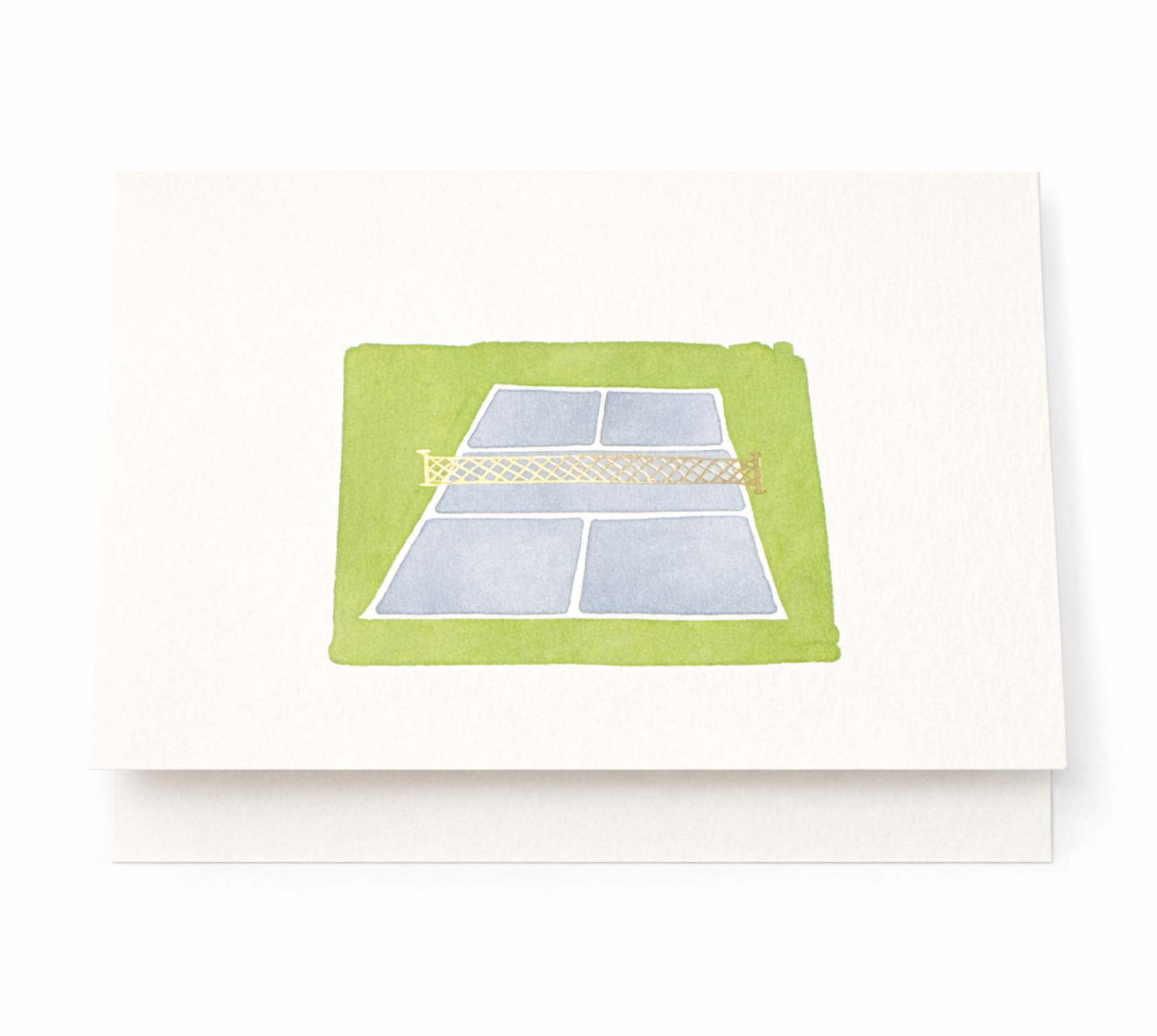 Pickleball court illustration notecard with green border and gold net detail on ivory cardstock