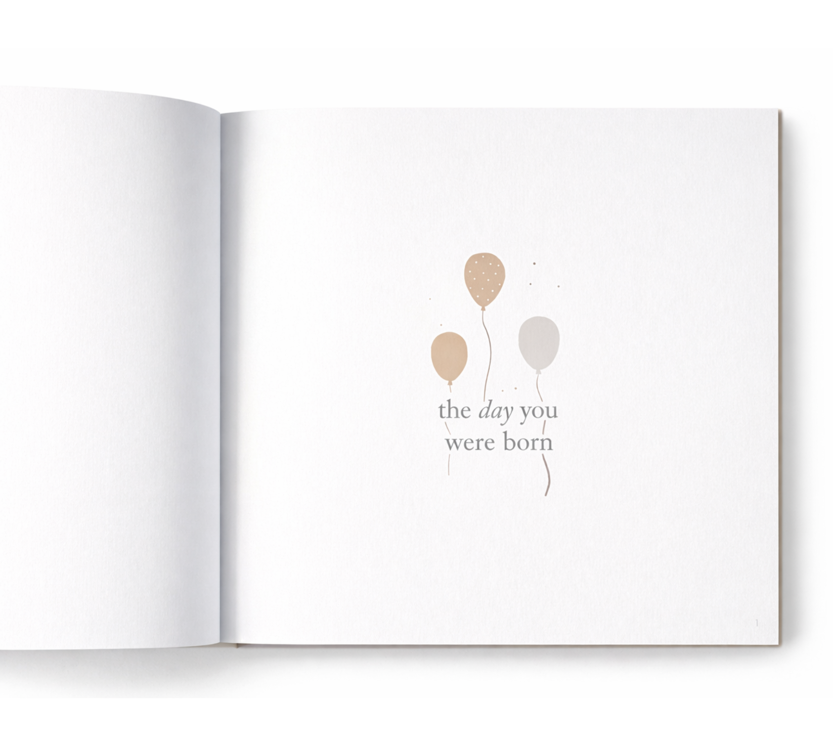 Interior spread of The Birthday Book showing “the day you were born” page with minimalist balloon illustration.