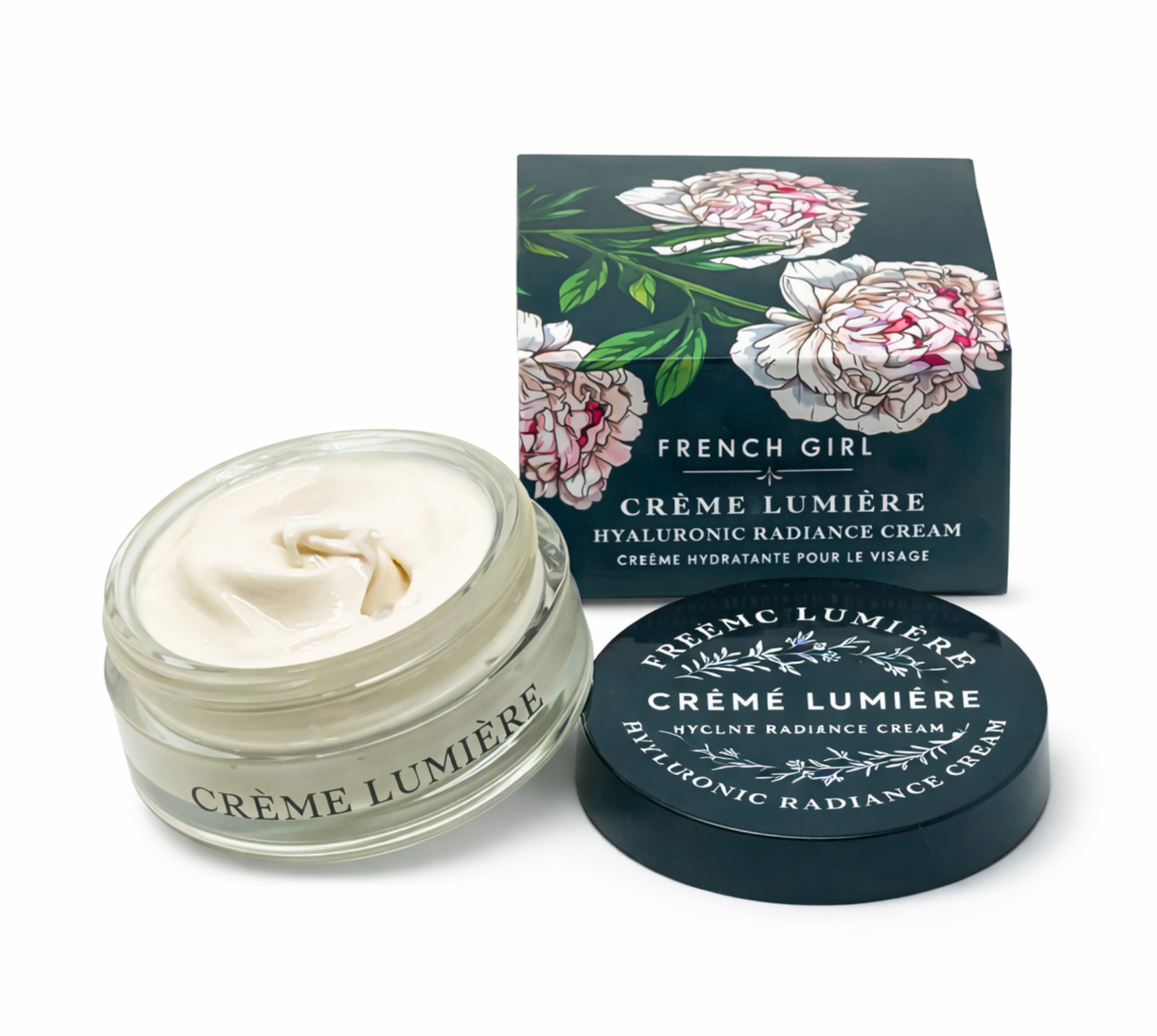 French Girl Crème Lumière Hyaluronic Radiance Cream in glass jar with black lid, open to show cream texture, floral box packaging behind on white background.
