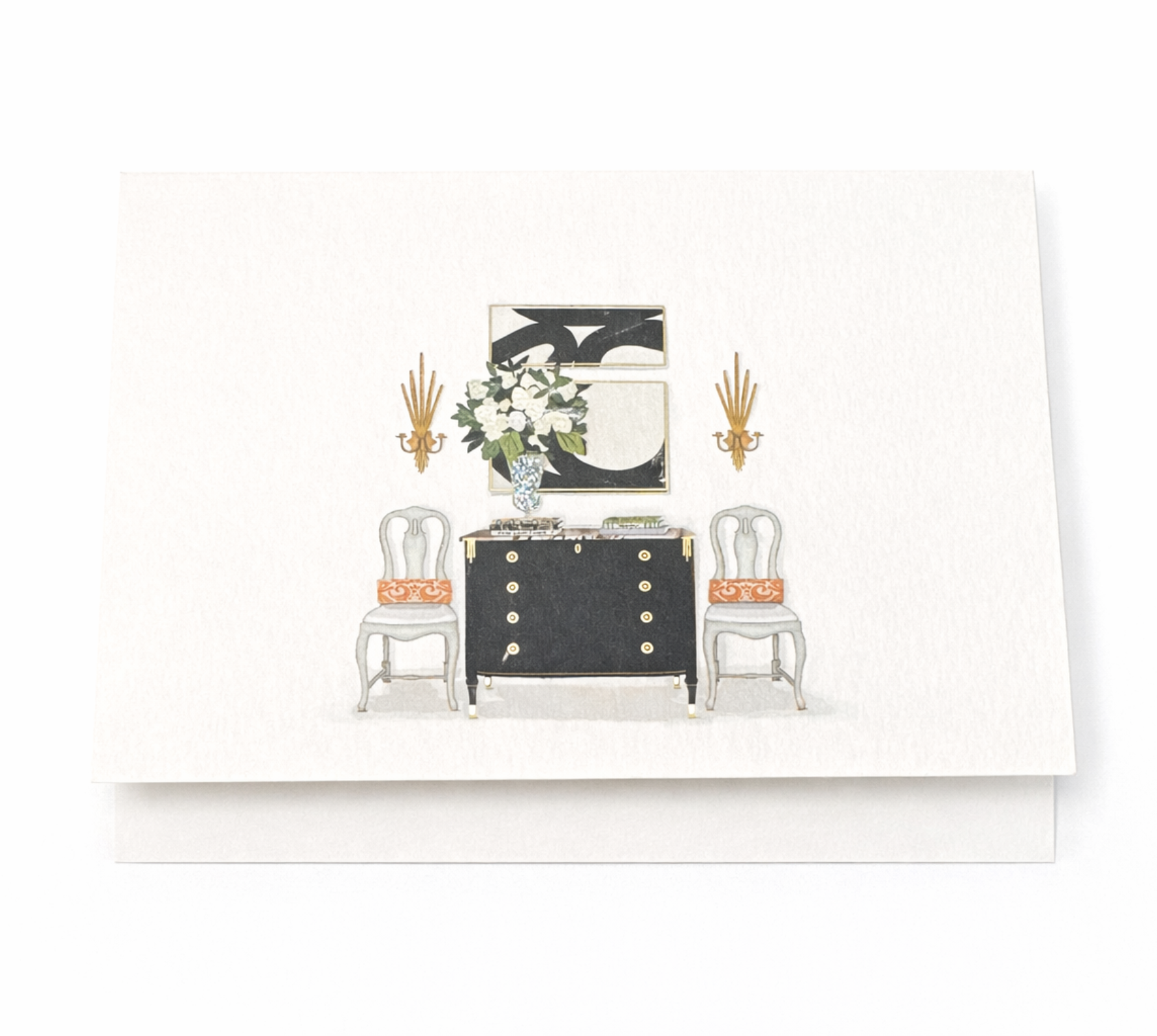Dolce Vita console table and floral arrangement illustrated blank notecard with envelope