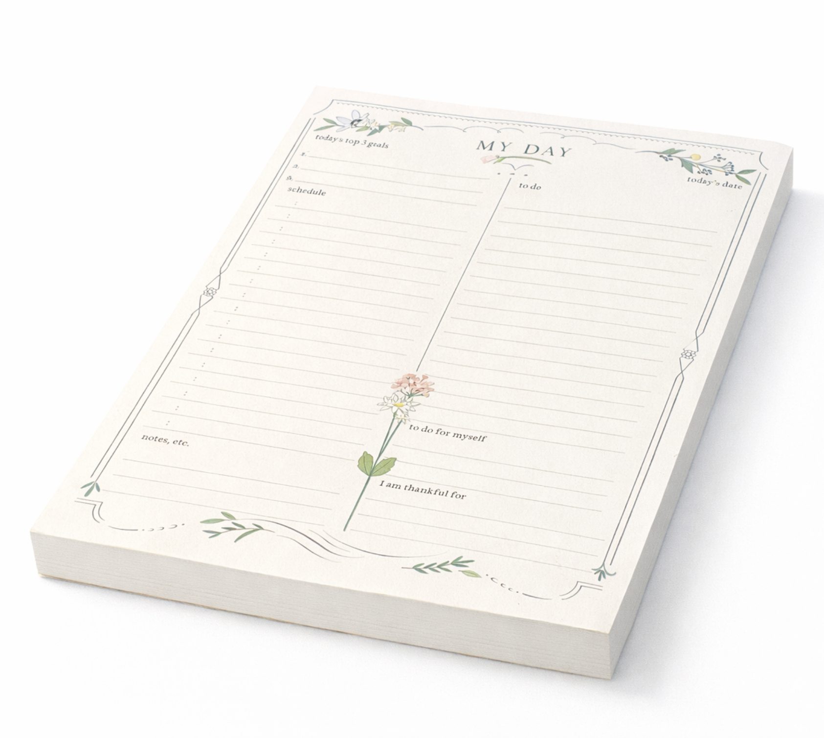 Daily Agenda Notepad with floral “My Day” layout showing today’s top 3 goals, schedule, to-do list, and gratitude section