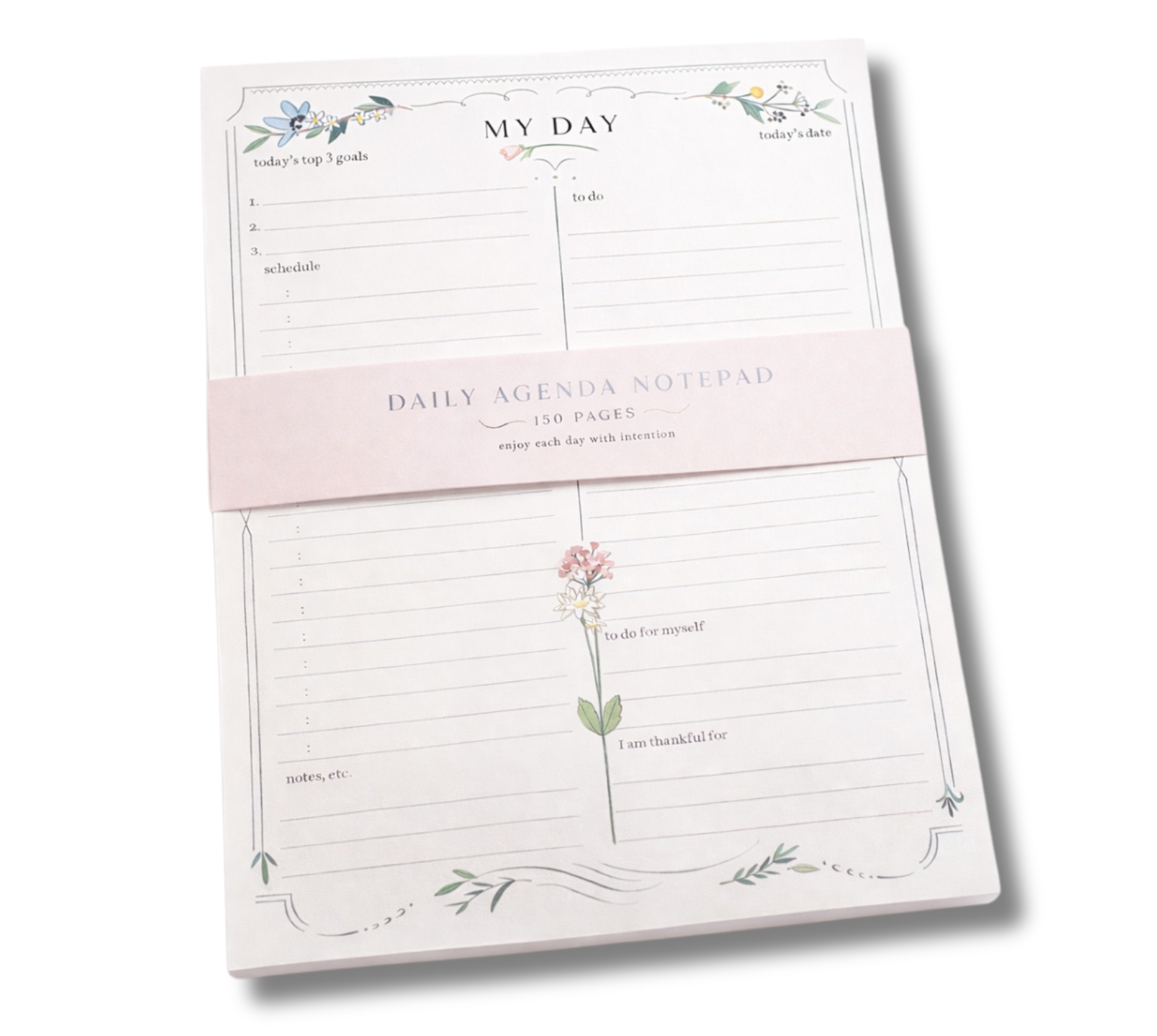 Daily Agenda Notepad with pink belly band labeled “Daily Agenda Notepad – 150 Pages” and floral daily planning layout