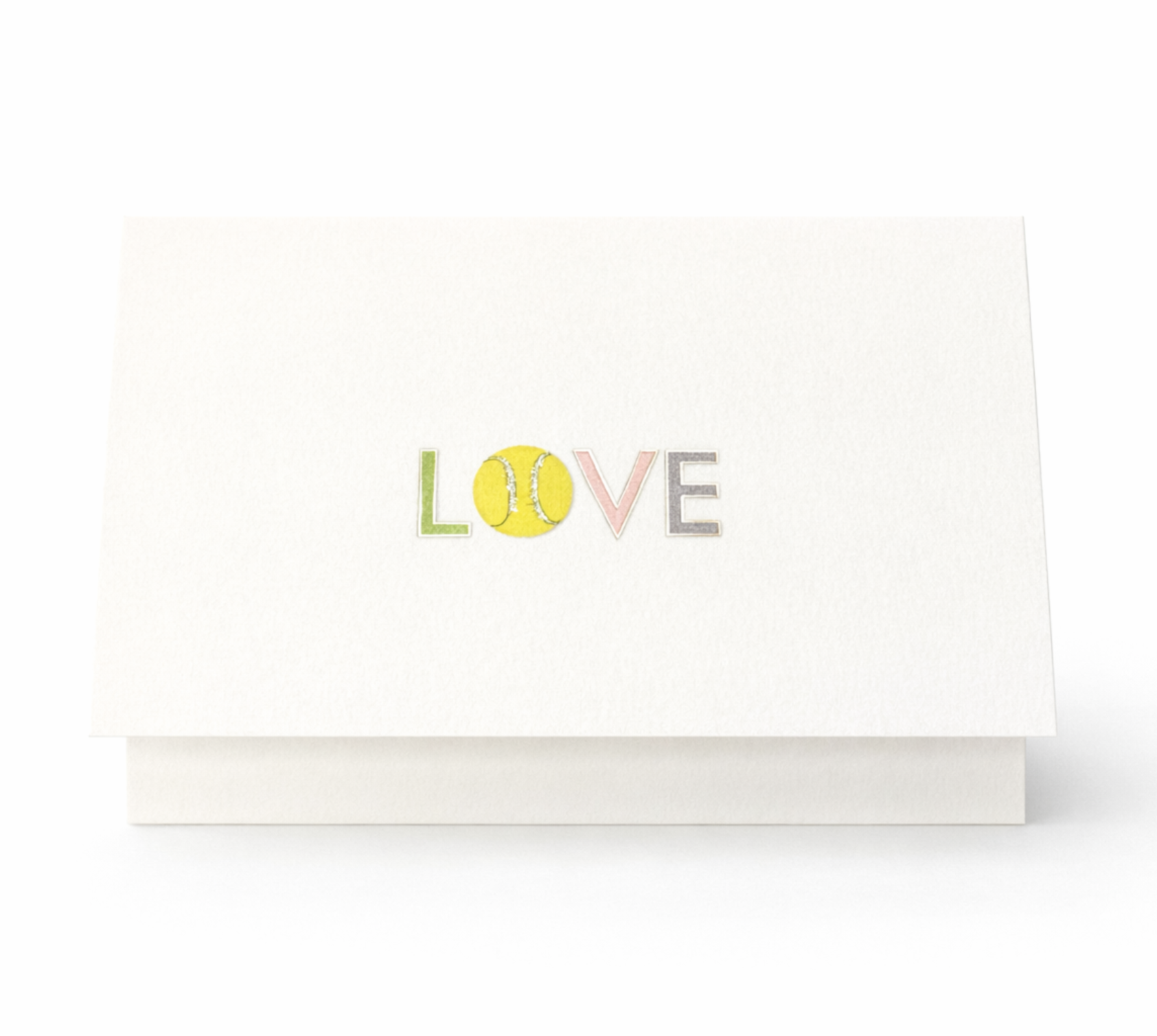 Folded tennis note card with “LOVE” text and yellow tennis ball illustration on textured white cardstock