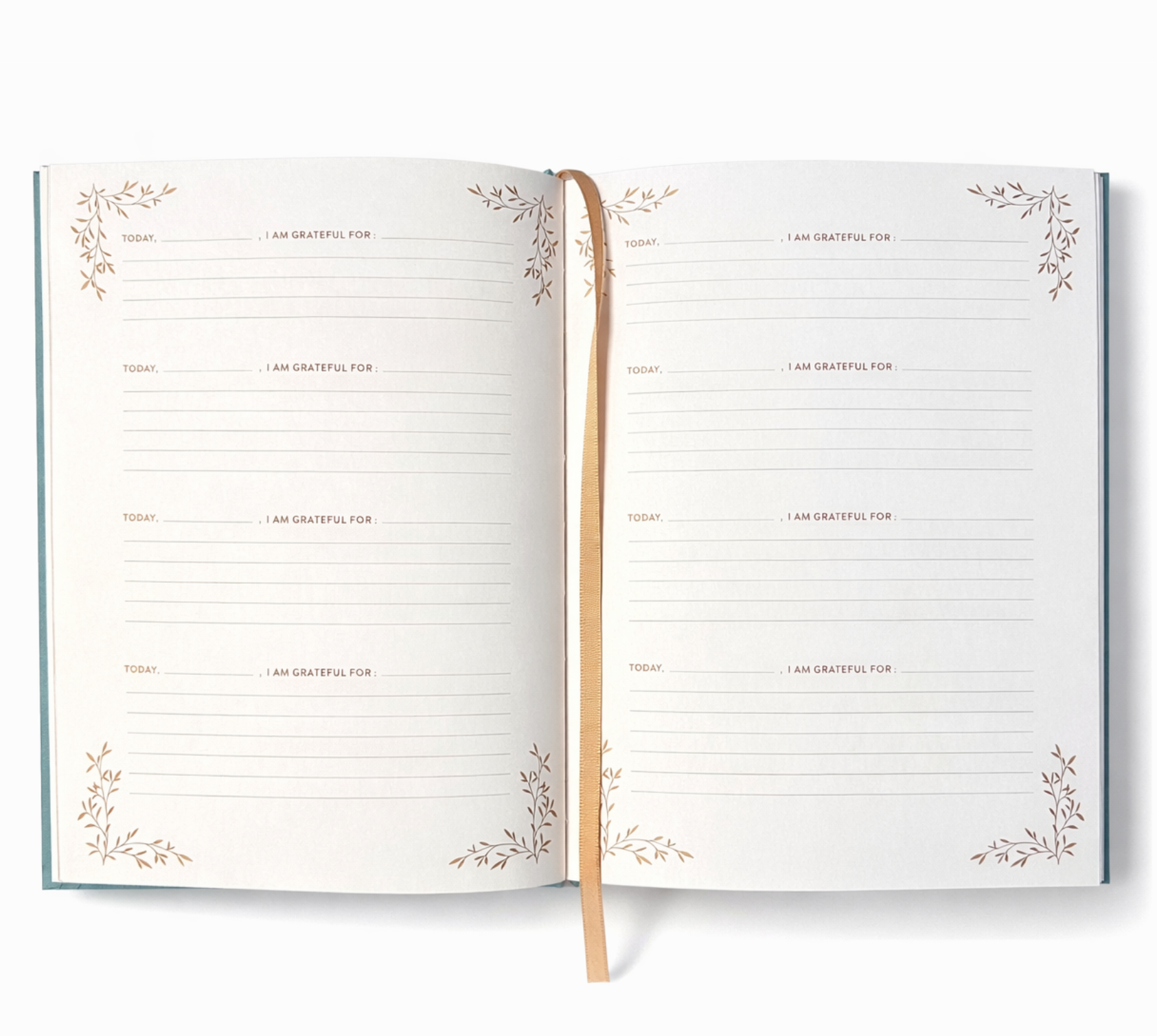 Open pages of Grateful For You journal showing daily gratitude prompts with lined writing space and ribbon bookmark