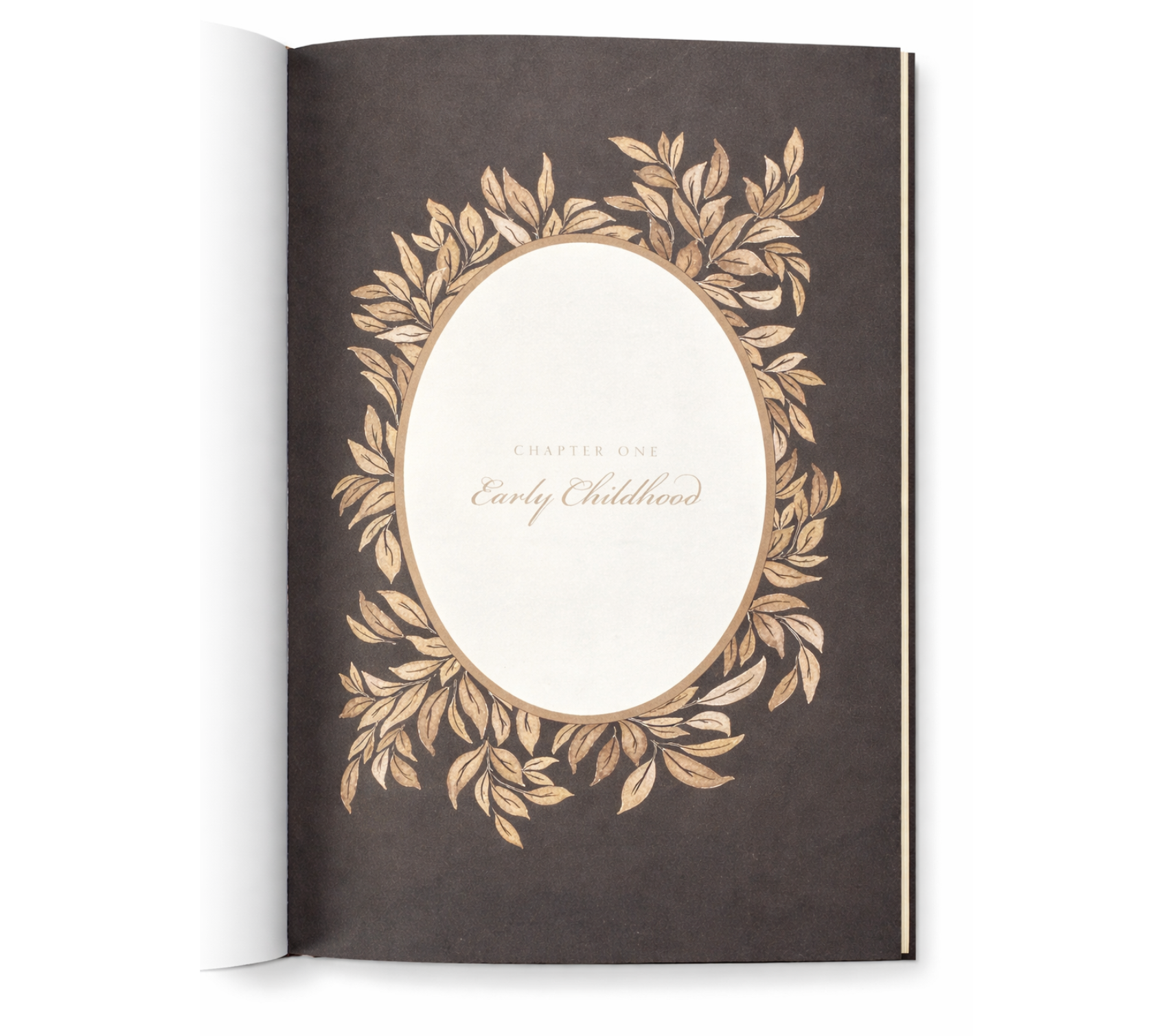 Grandpa’s Story journal chapter page titled Early Childhood with gold botanical wreath design