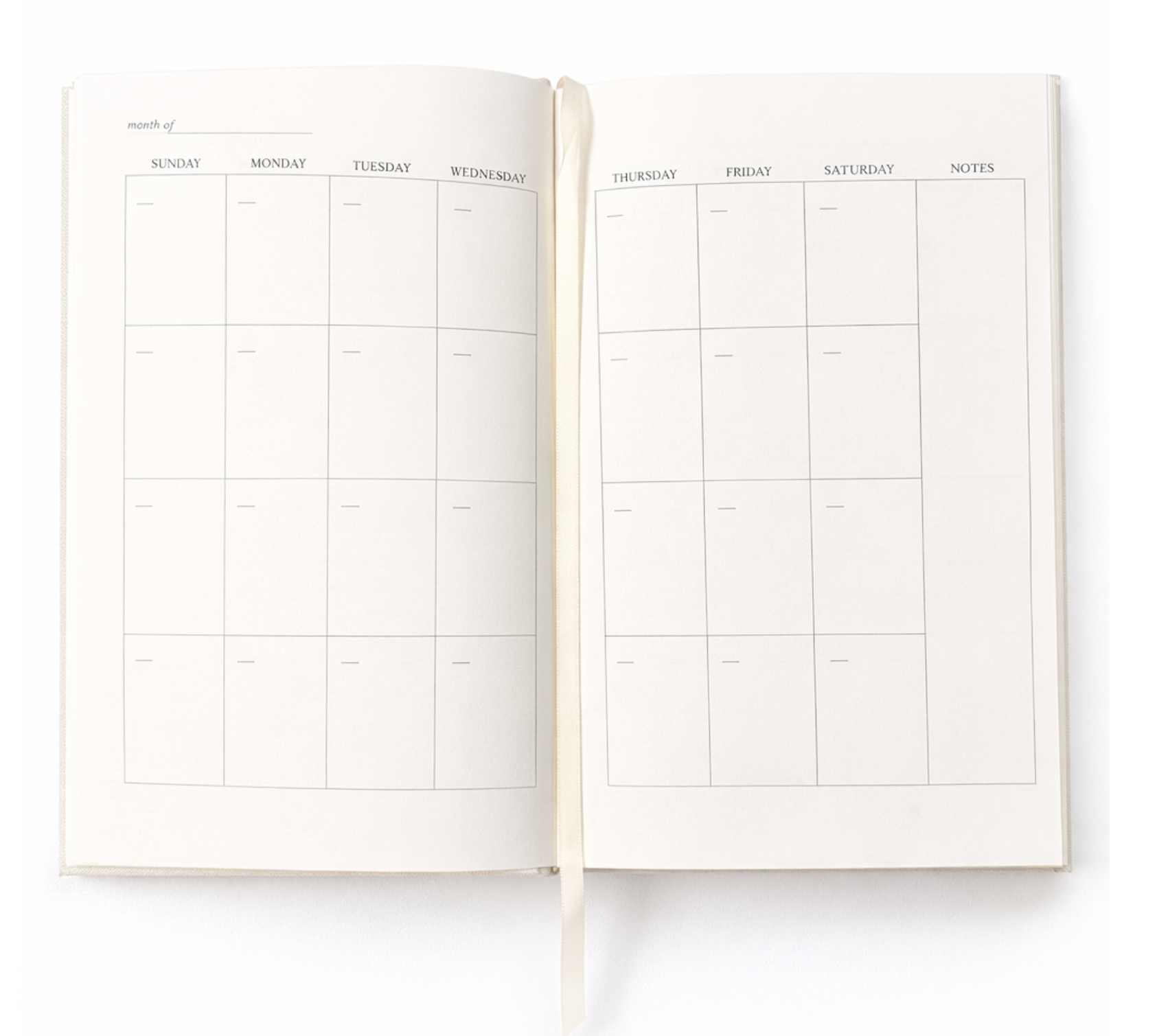 Open planner featuring minimalist monthly calendar layout with Sunday start and notes column.