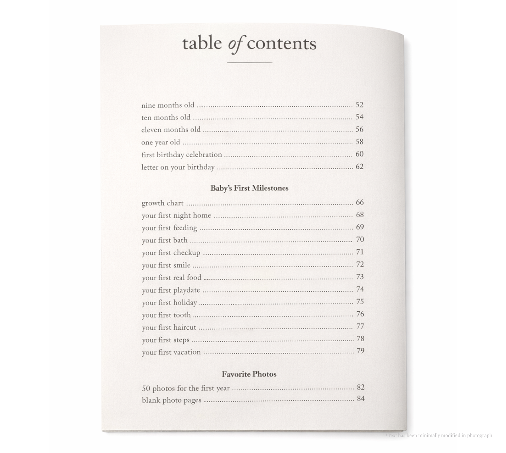 Baby’s First Year keepsake book contents page listing first birthday celebration, milestones, and photo pages