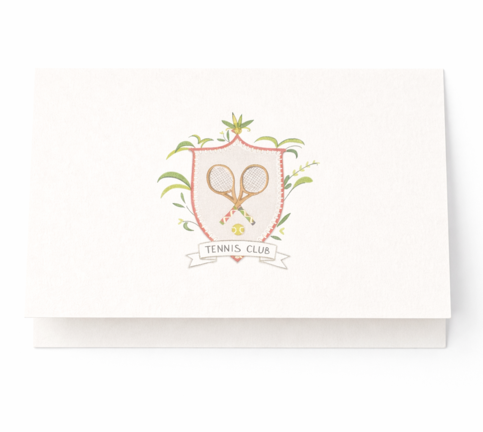 Folded Tennis Club note card with crest design featuring crossed rackets and banner on textured white cardstock