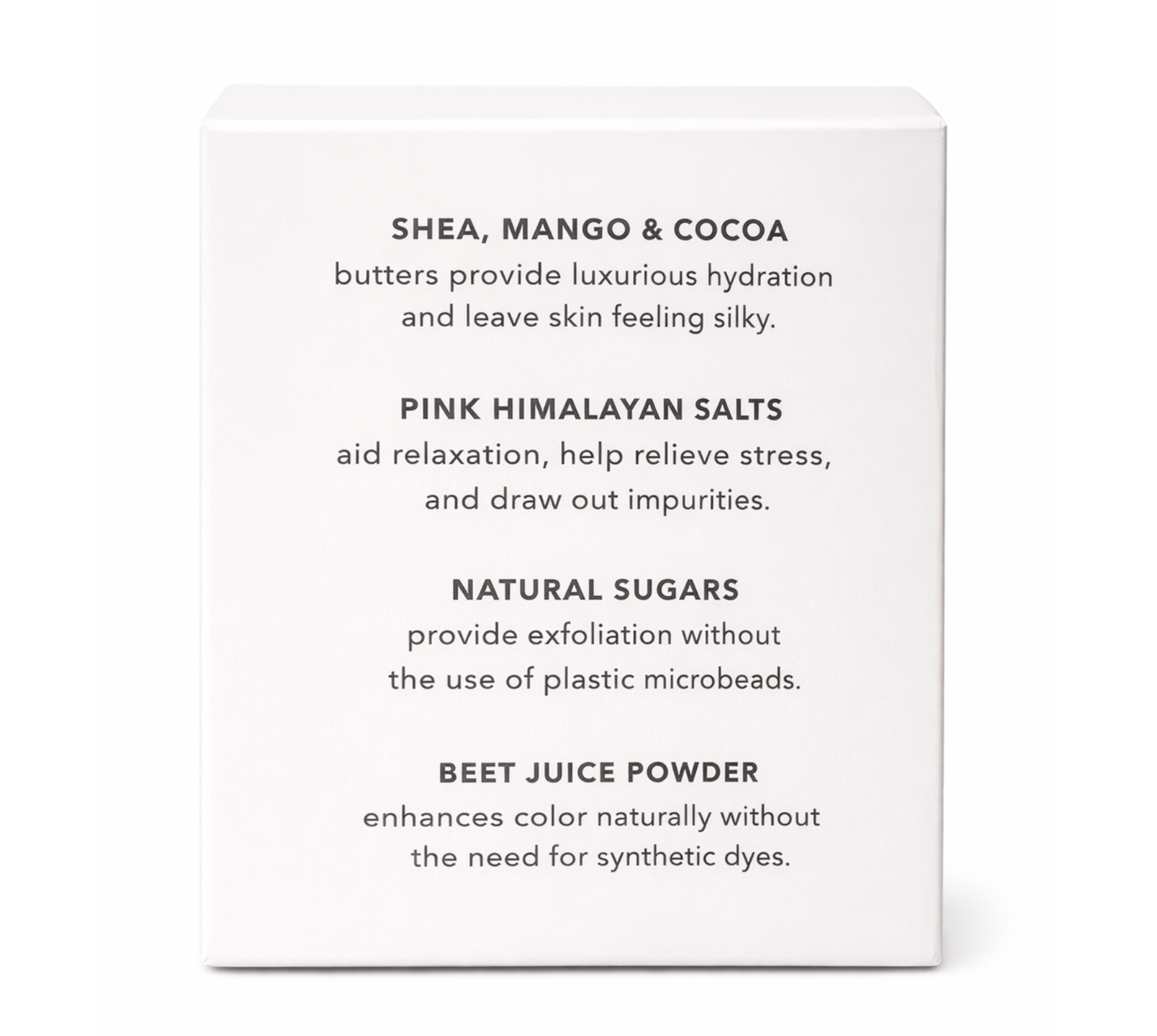 Organic rose body scrub box showing ingredients including shea butter, mango butter, cocoa butter, pink Himalayan salts and natural sugars