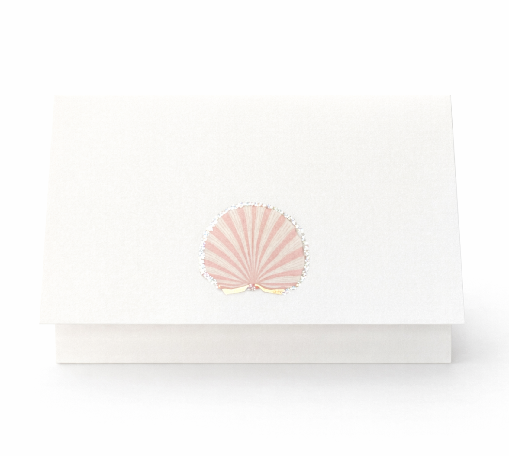 Folded pink scallop shell illustrated notecard from Salt Water beach themed stationery set