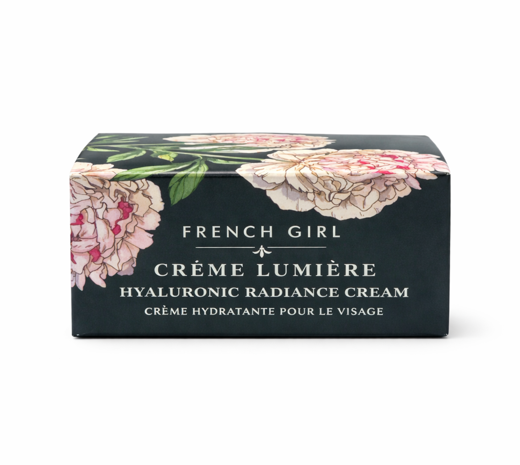 French Girl Crème Lumière Hyaluronic Radiance Cream floral box packaging front view on white background.