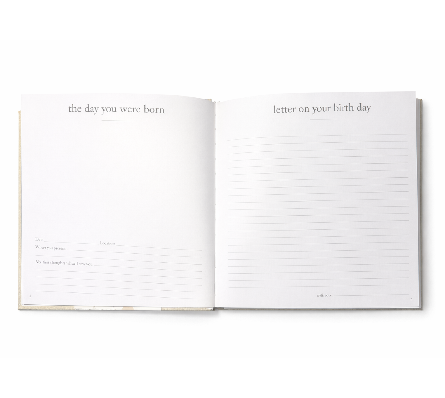 Open pages of The Birthday Book featuring “the day you were born” memory prompts and letter on your birthday writing page.