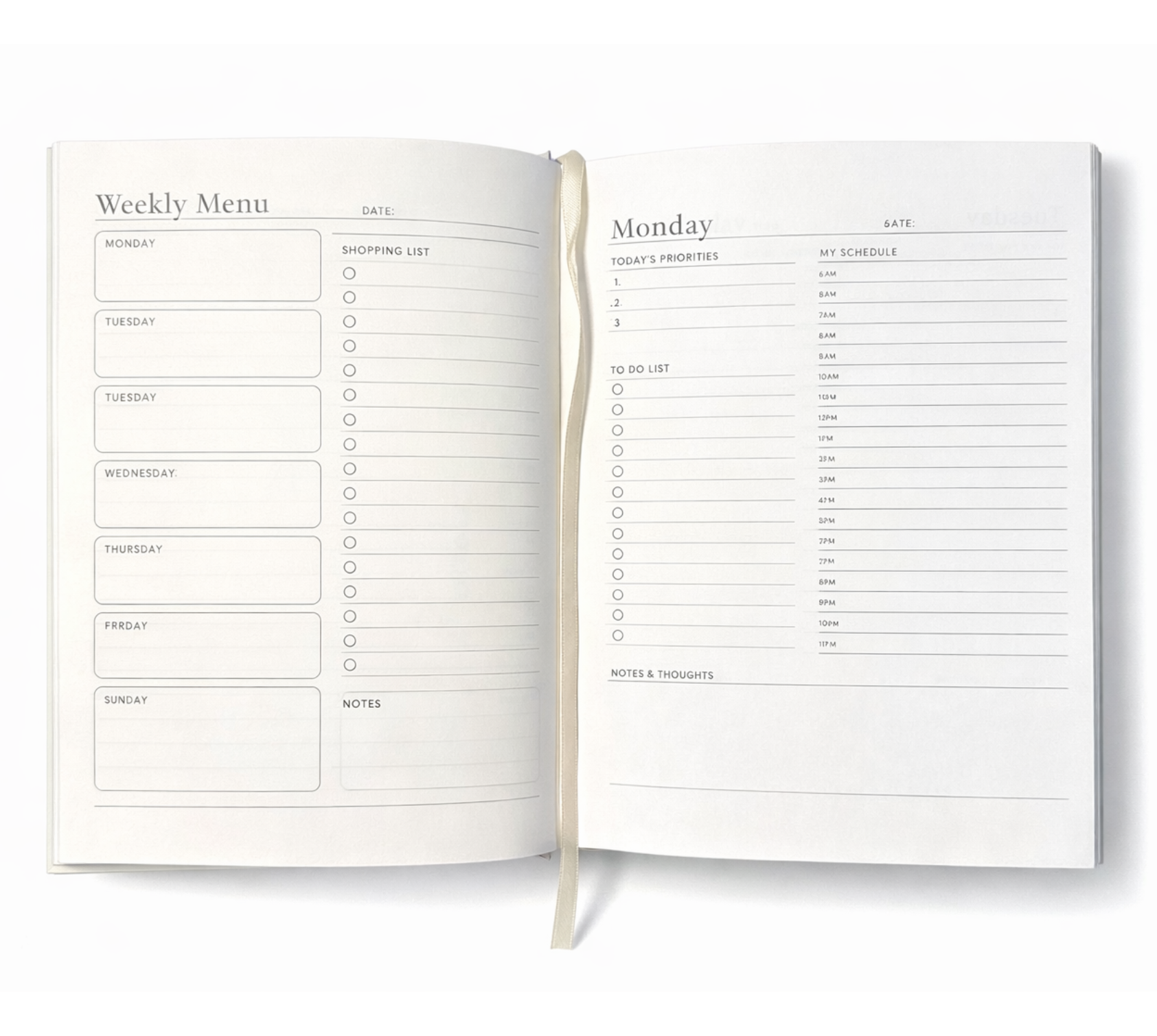 Open planner displaying weekly menu planning page and detailed daily schedule layout with hourly timeline.