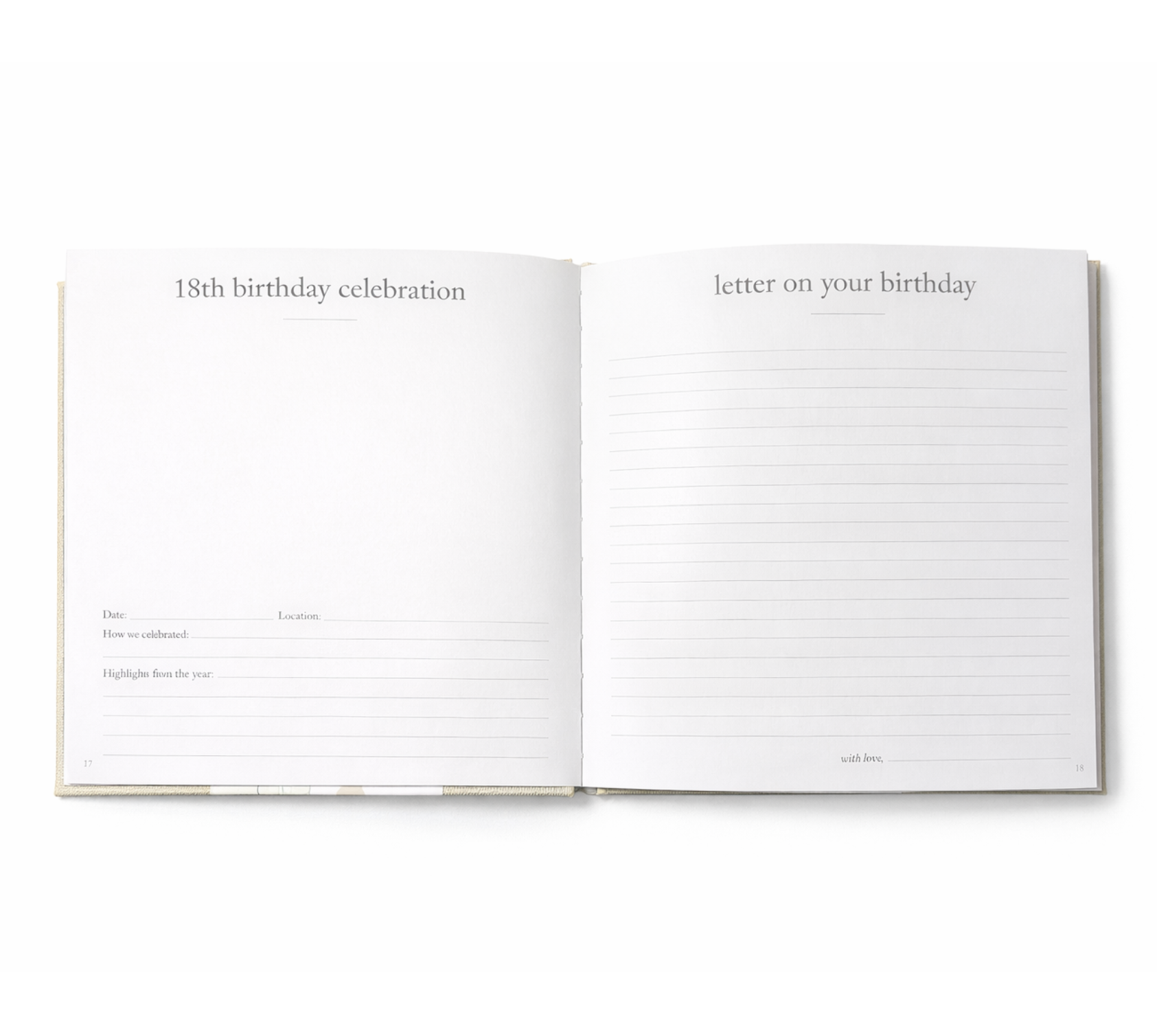 Final spread of The Birthday Book showing “18th birthday celebration” memory prompts and letter on your birthday page.