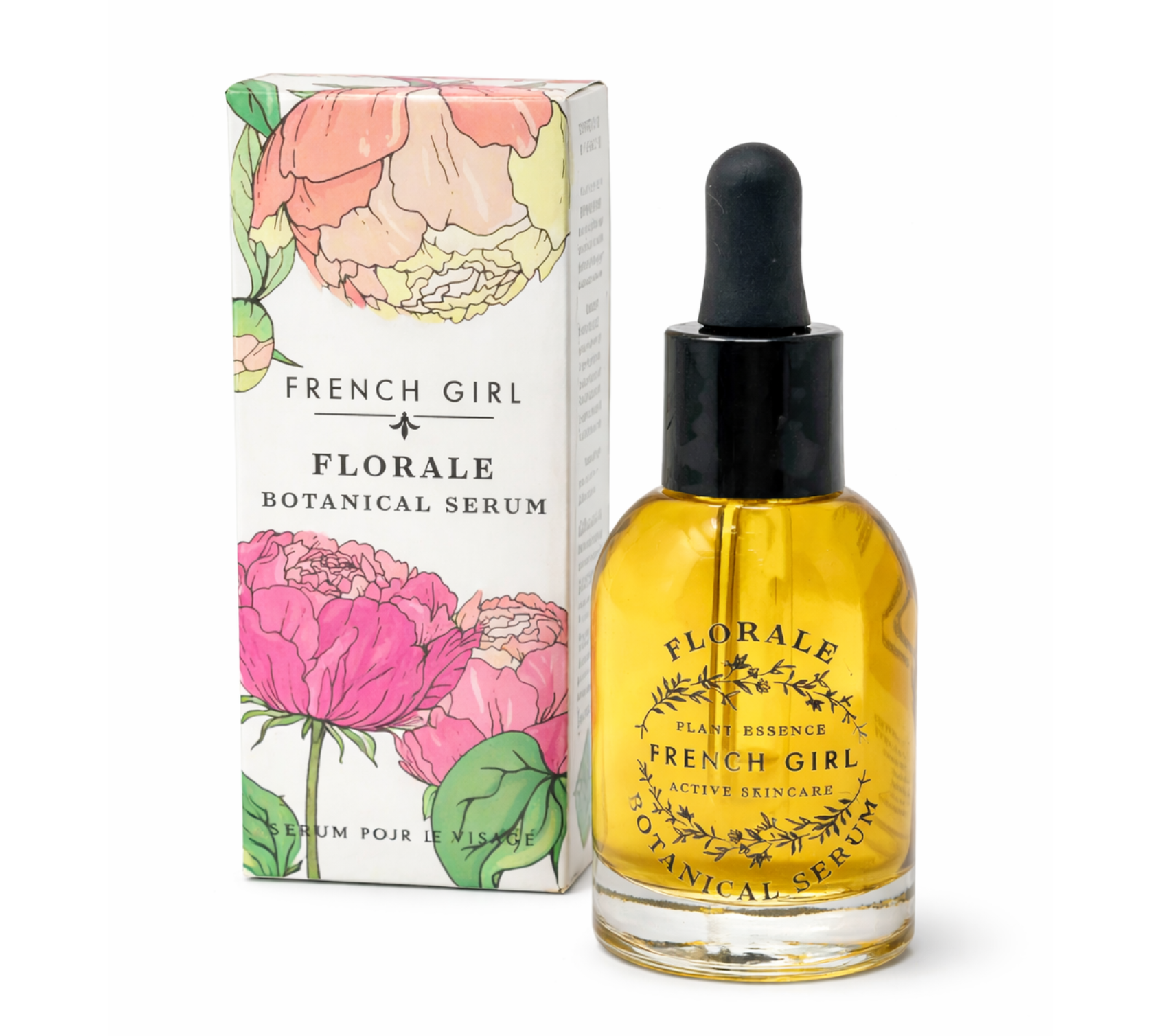 French Girl Florale Botanical Serum bottle displayed next to illustrated floral box packaging