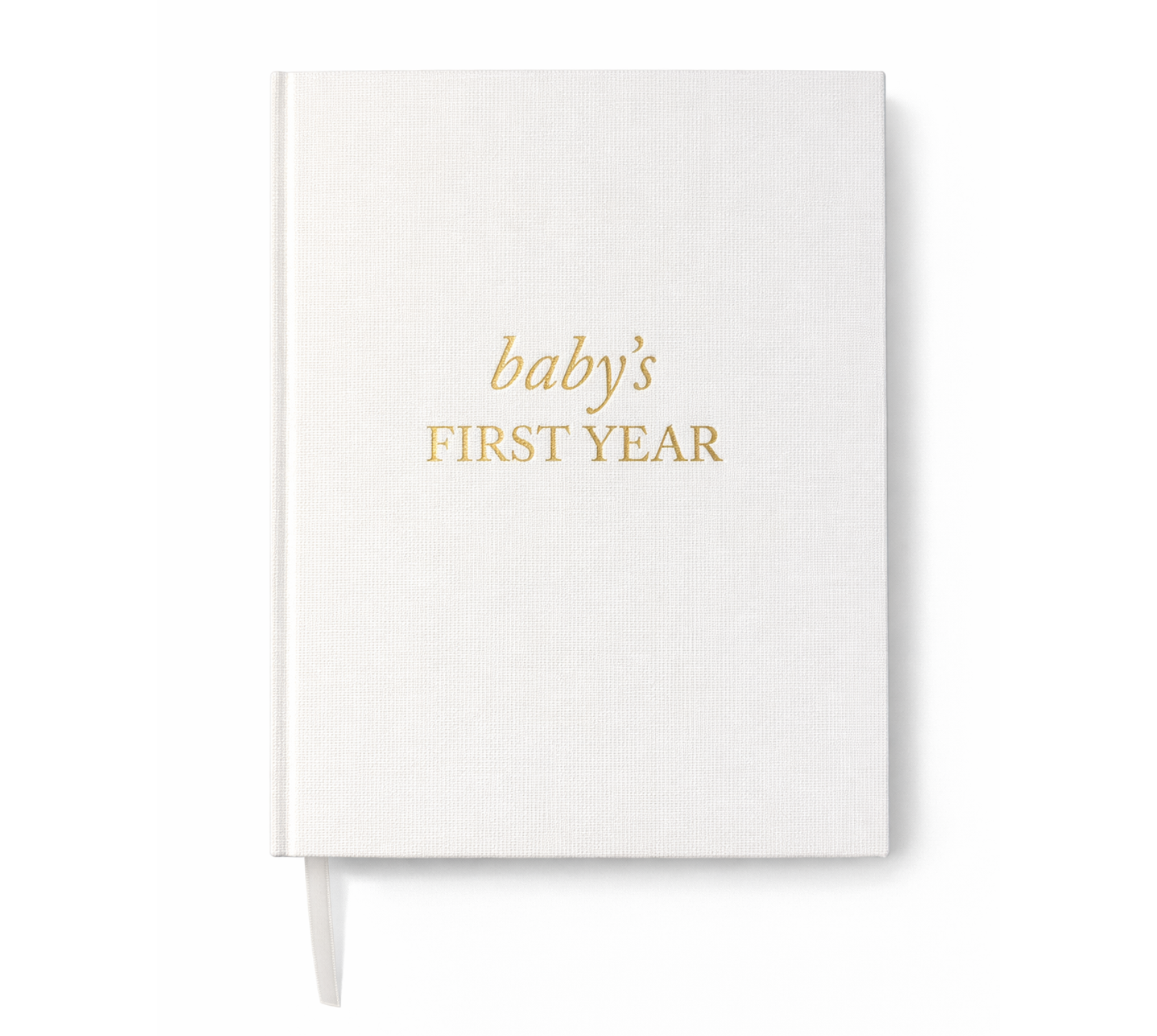 Baby’s First Year linen hardcover memory book with gold foil title on cream fabric cover