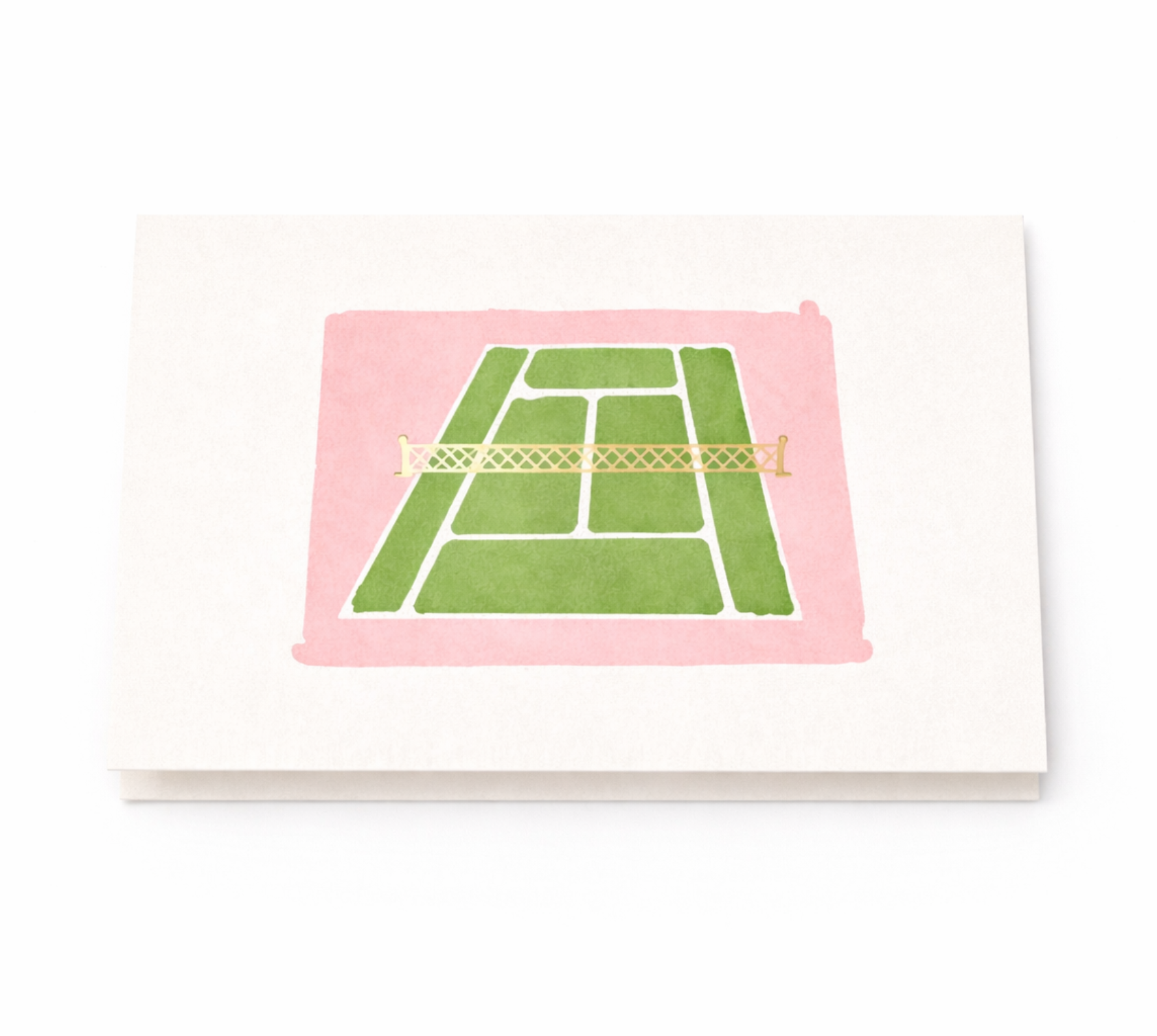 Folded tennis note card with watercolor tennis court illustration in green and pink on white cardstock