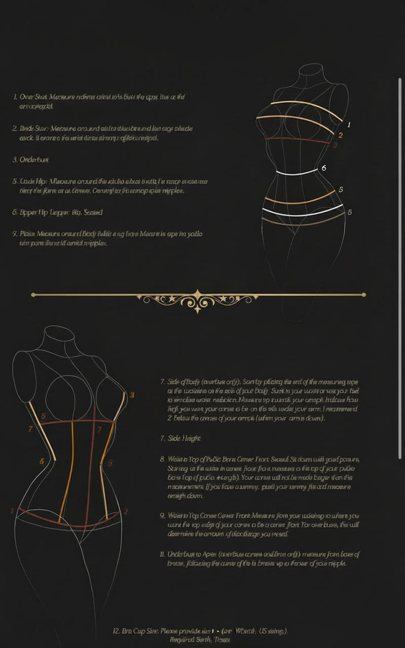 Diagram with measurements and instructions for taking body measurements for clothing, featuring outlined female mannequins with numbered measurement lines.
