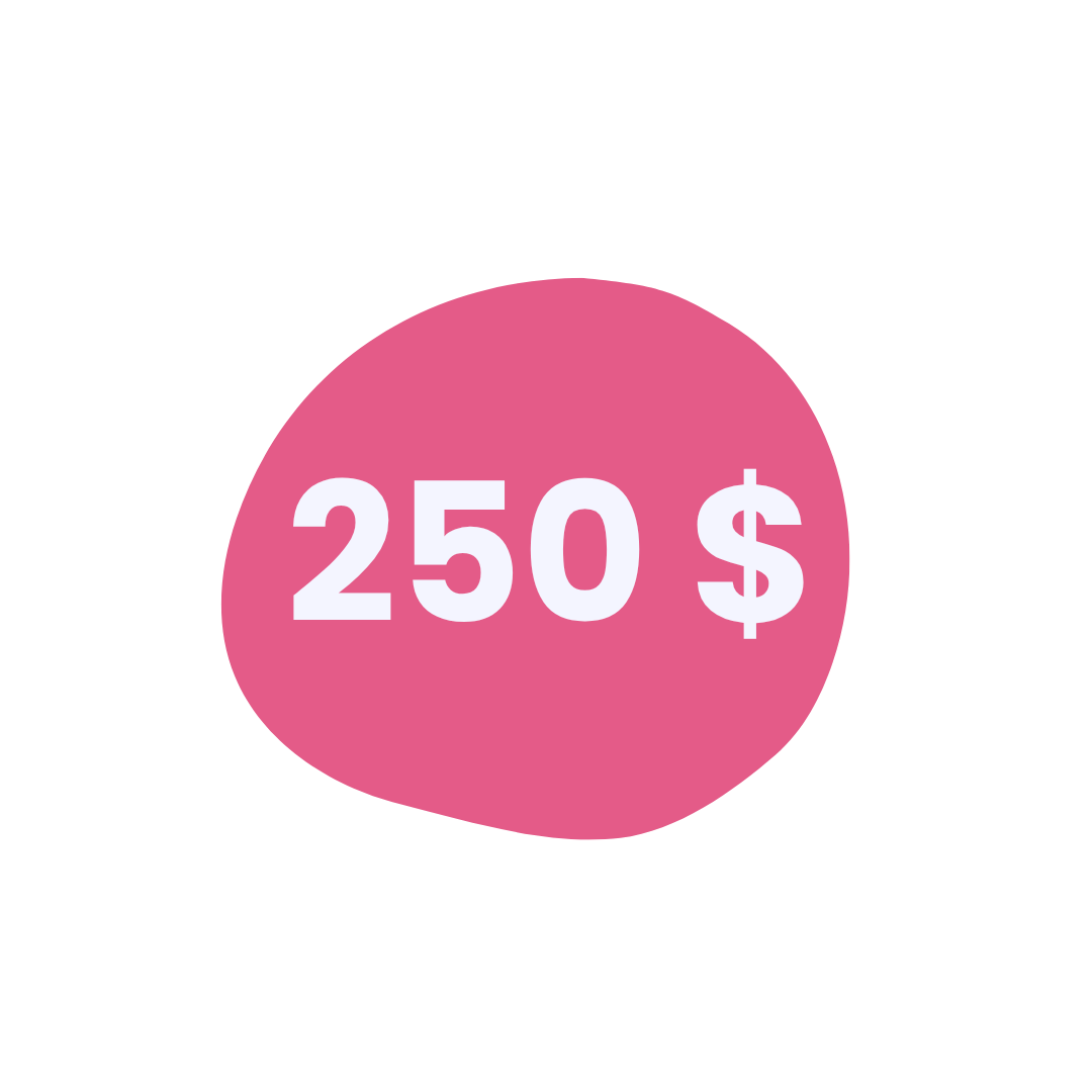 Montant de 250 dollars écrit en blanc sur un fond rose en forme de nuage.
