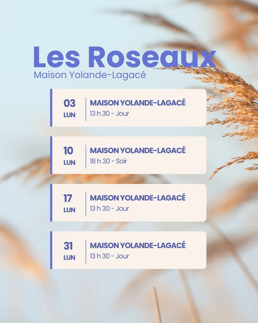 Voici la programmation du groupe Les Roseaux pour le mois d&rsquo;ao&ucirc;t.🌾💜

Les Roseaux s&rsquo;adresse aux proches aidant.e.s demeurant dans la Capitale-Nationale qui accompagnent une personne vivant avec la maladie d&rsquo;Alzheimer ou un au