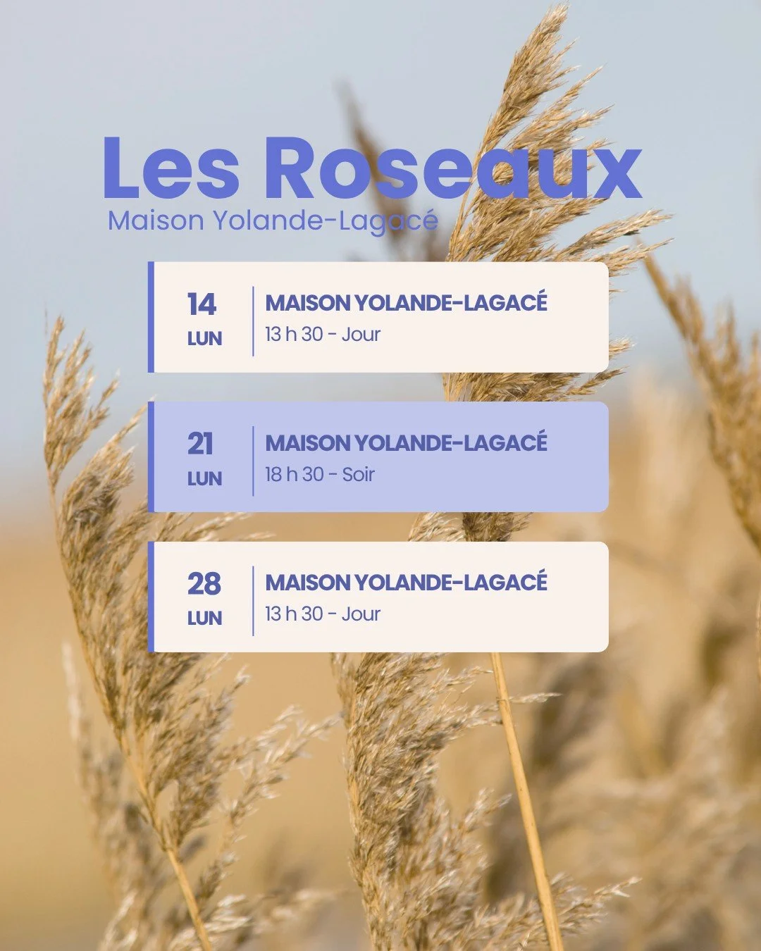 Voici la programmation du groupe Les roseaux pour le mois de septembre 💜🍂
 
📅Maison Yolande-Lagac&eacute; : 14, 21 et 28 septembre 
📅 Belv&eacute;d&egrave;re : 9, 23 et 30 septembre 
📅 Charlevoix : 19 septembre 

C&rsquo;est l&rsquo;occasion par