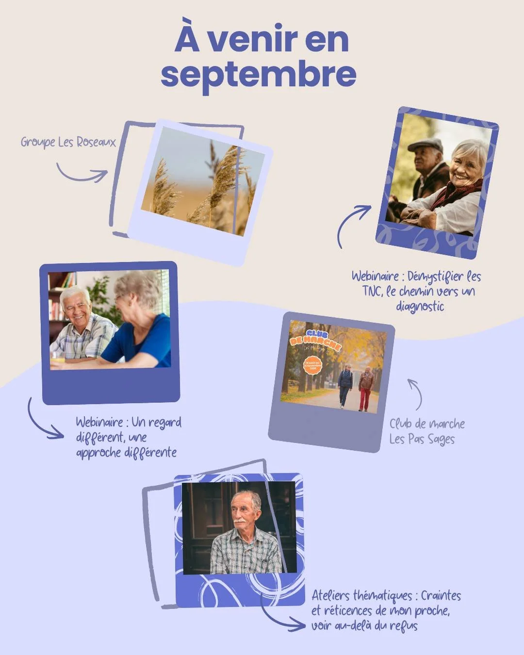 Le mois de septembre est enfin arriv&eacute; et plusieurs activit&eacute;s vous attendent! 🗓️💜

🌾Lundis et mercredis : Groupes Les Roseaux 

🚶Les mercredis : Club de marche

📅 22 septembre - Webinaire,
Un regard diff&eacute;rent, une approche di