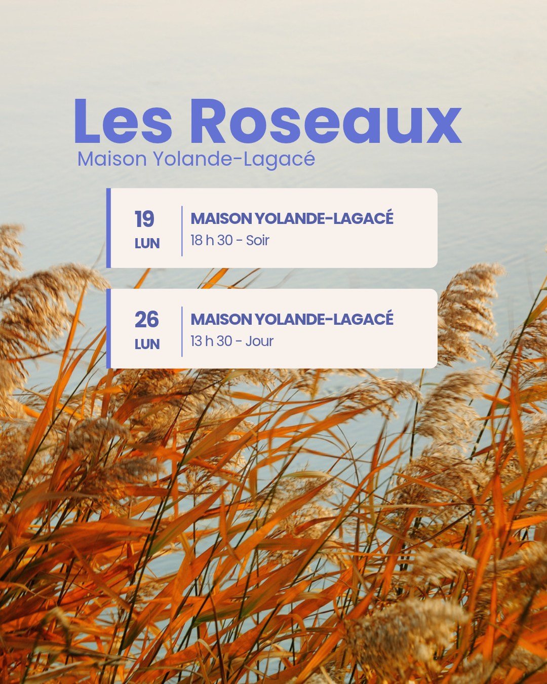 Voici la programmation du groupe Les roseaux pour le mois d&rsquo;octobre 🌾🍁

Maison Yolande-Lagac&eacute; : 19 et 26 octobre

Belv&eacute;d&egrave;re : 21 et 28 octobre 

Le groupe Les Roseaux est l'occasion parfaite pour les proches aidants de ve