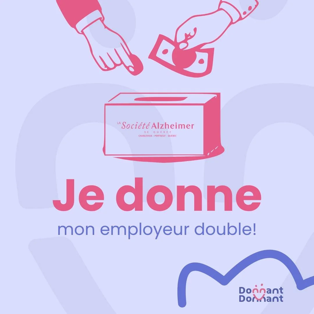 Et si votre entreprise doublait l&rsquo;impact de ses employ&eacute;s? 💜

Vous souhaitez faire une diff&eacute;rence pour les personnes touch&eacute;es par la maladie d&rsquo;Alzheimer et les autres troubles neurocognitifs, ainsi que pour leurs proc