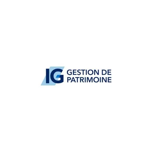 Logo avec les lettres G et I, et le texte 'Gestion de Patrimoine' en bleu.