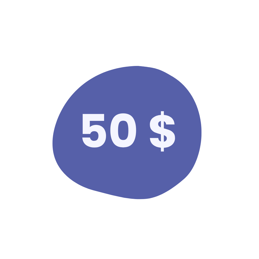 Une étiquette en forme de nuage rose avec le prix de 50 dollars écrit en blanc.