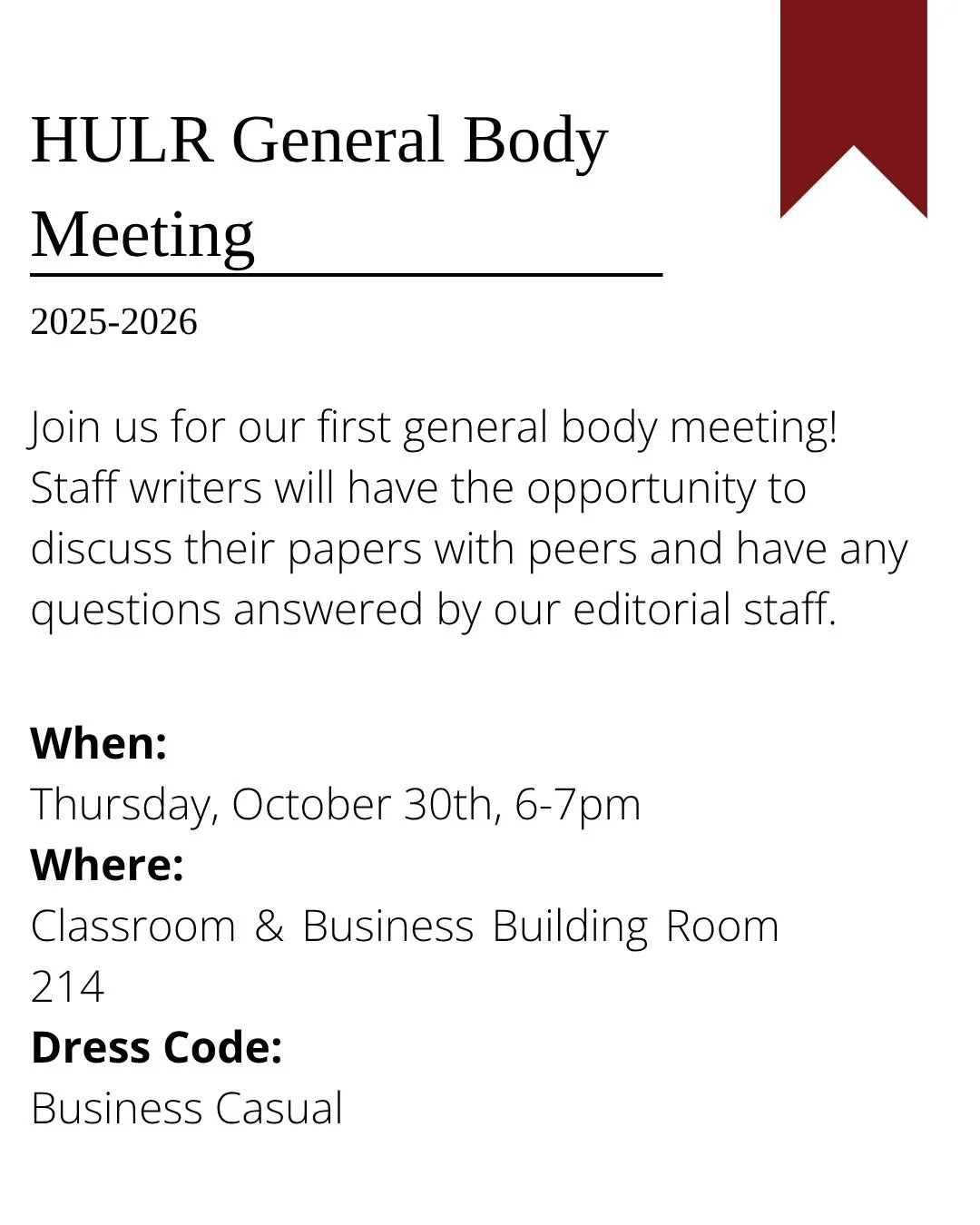 The Houston Undergraduate Law Review will be having its first general body meeting on Thursday, October 30th. This will be an opportunity for writers to discuss their papers, refine their topic, and receive support with any challenges they may face. 