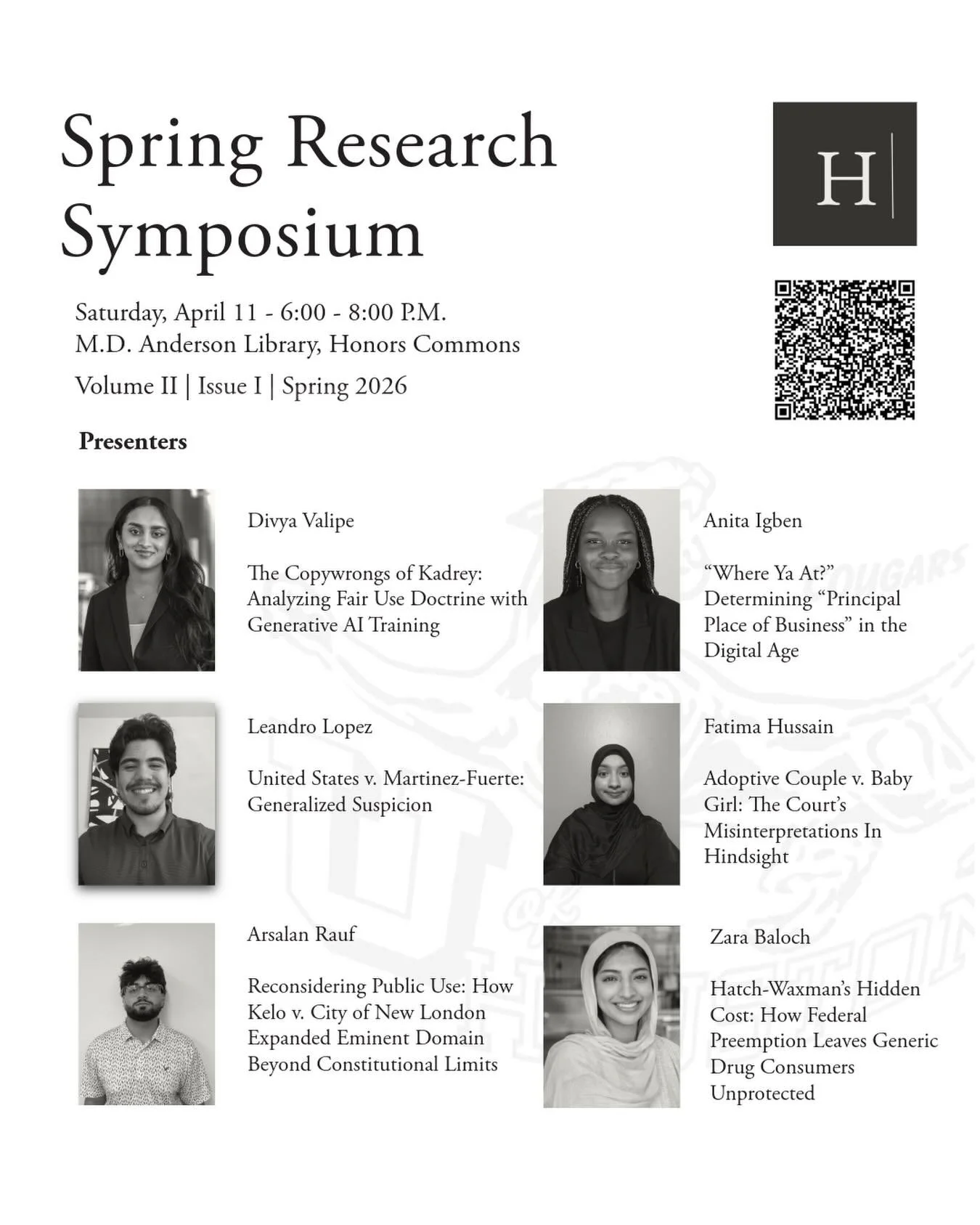 Our Spring Research Symposium is this Saturday, April 11, from 6&ndash;8 PM at the Honors College Commons. Our print writers have spent the year developing their legal research and refining their publications, and we&rsquo;re excited to showcase thei