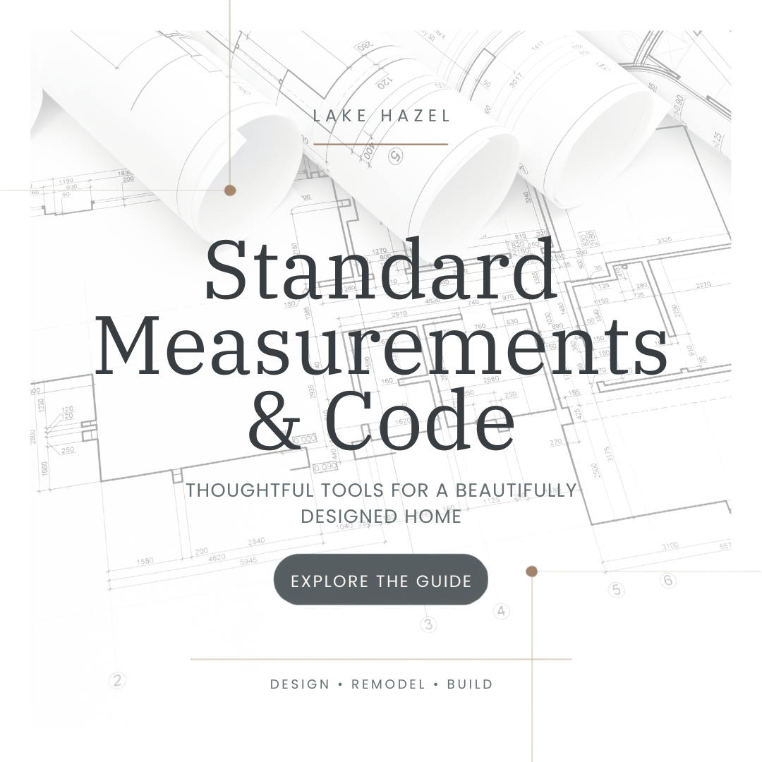 Cover page of a guide titled 'Standard Measurements & Code' with architectural blueprints and rolled-up blueprints in the background, promoting thoughtful tools for designing a home.
