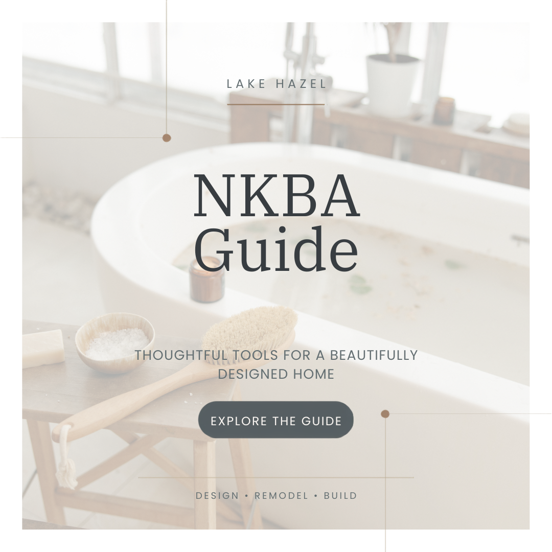 A promotional webpage for NKBA Guide with a background image of a bathtub, a wooden stool holding a bath brush and a bowl of bath salts, and a window with natural light.
