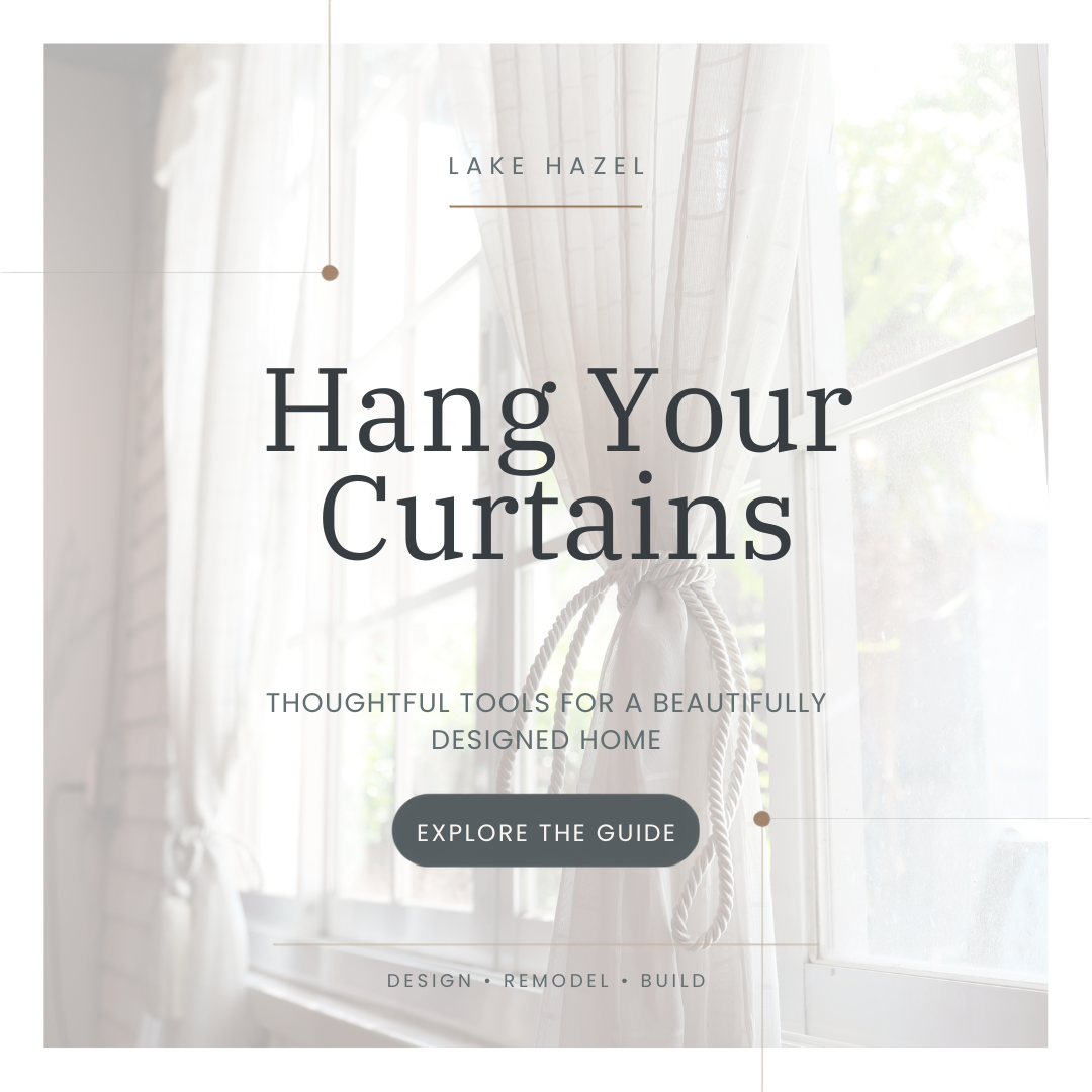 A promotional graphic for a home decor guide titled 'Hang Your Curtains', featuring a window with white curtains tied back with a rope, sunlight coming through, and text promoting a guide for decorating a home.