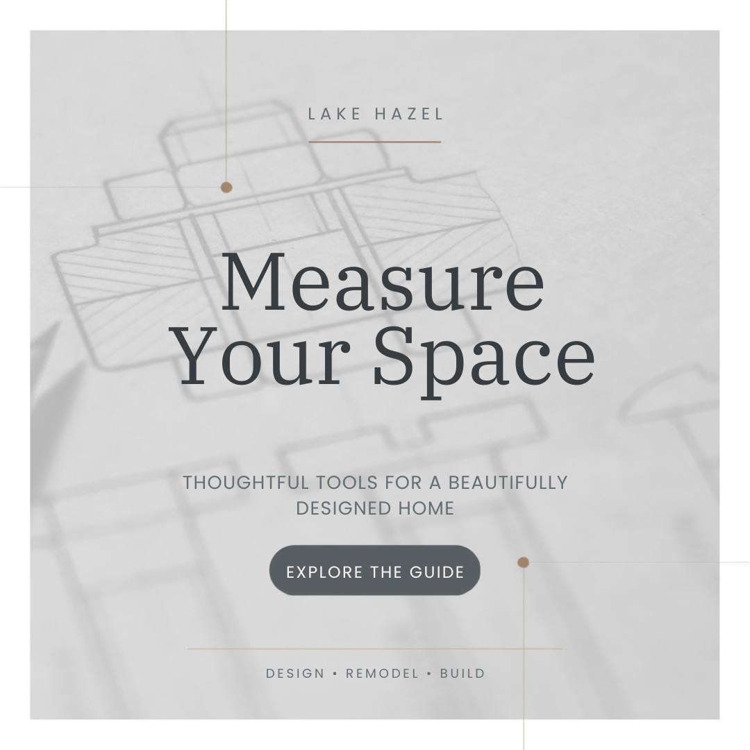 A promotional graphic encouraging home space measurement for interior design, remodeling, and building, featuring a faint background blueprint of a home layout.