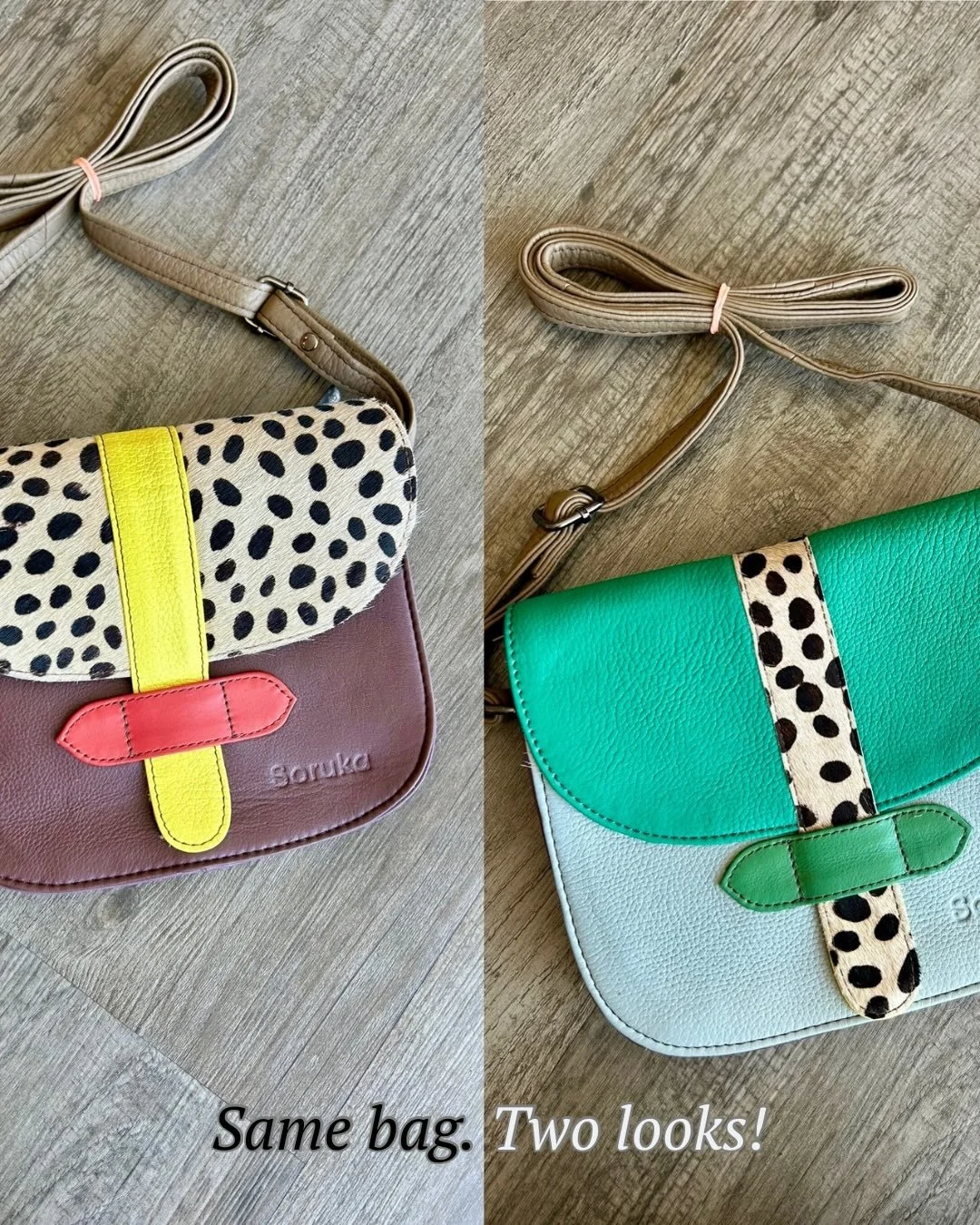 Each of these leather crossbody bags has either a reversible flap or strap to create two unique looks with just one purse. 

Love the versatility of these fun, colorful accessories. 

Which bag is your favorite? 
1: Dalmatian flap w/neon + teal flap 