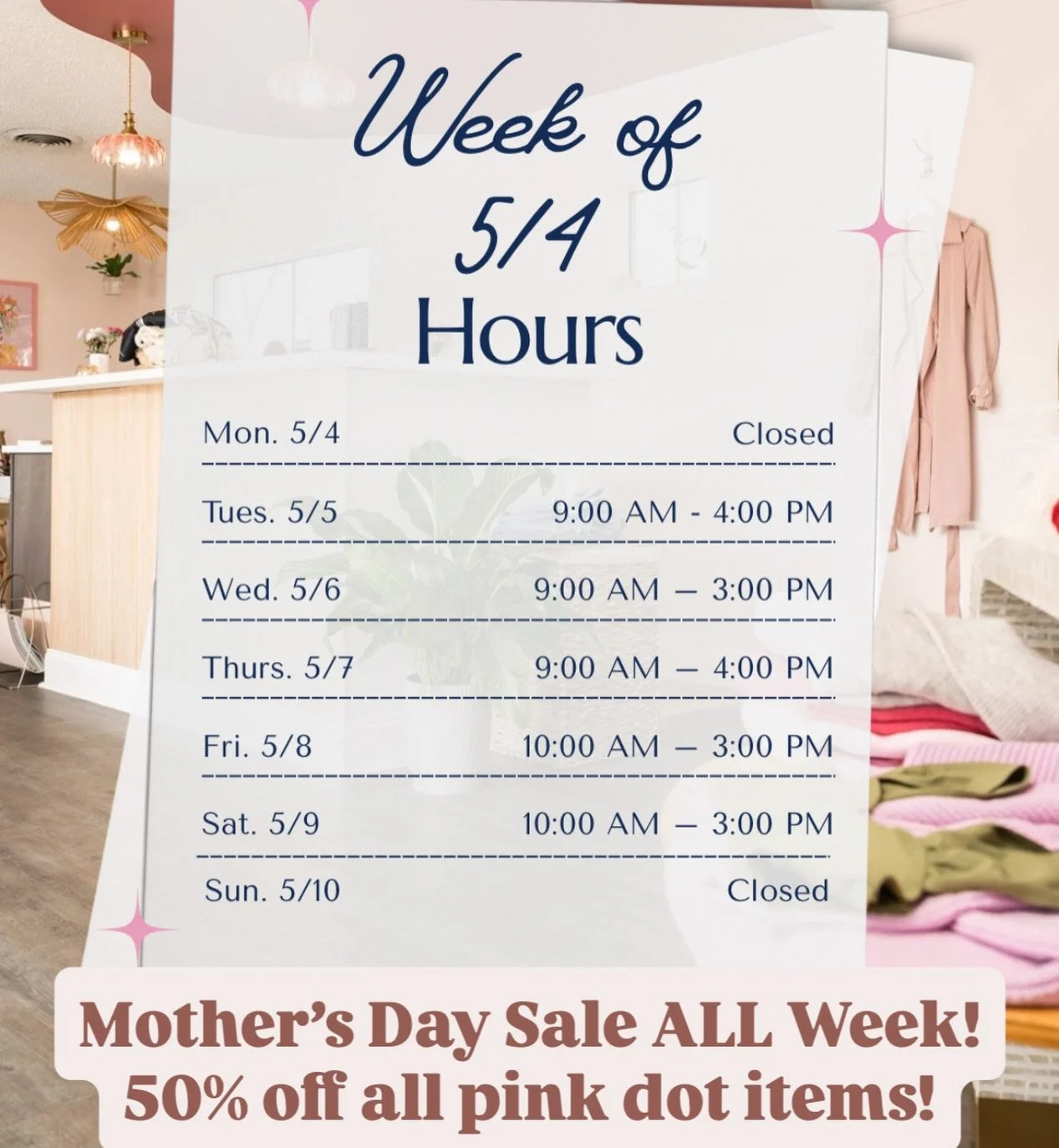 I know Mother&rsquo;s Day means different things for all of us. No matter if you are feeling joy, grief, overwhelm, or a little of it all, I&rsquo;m here all week for hugs, chats, and some major discounts to make the retail therapy even sweeter. 💕


