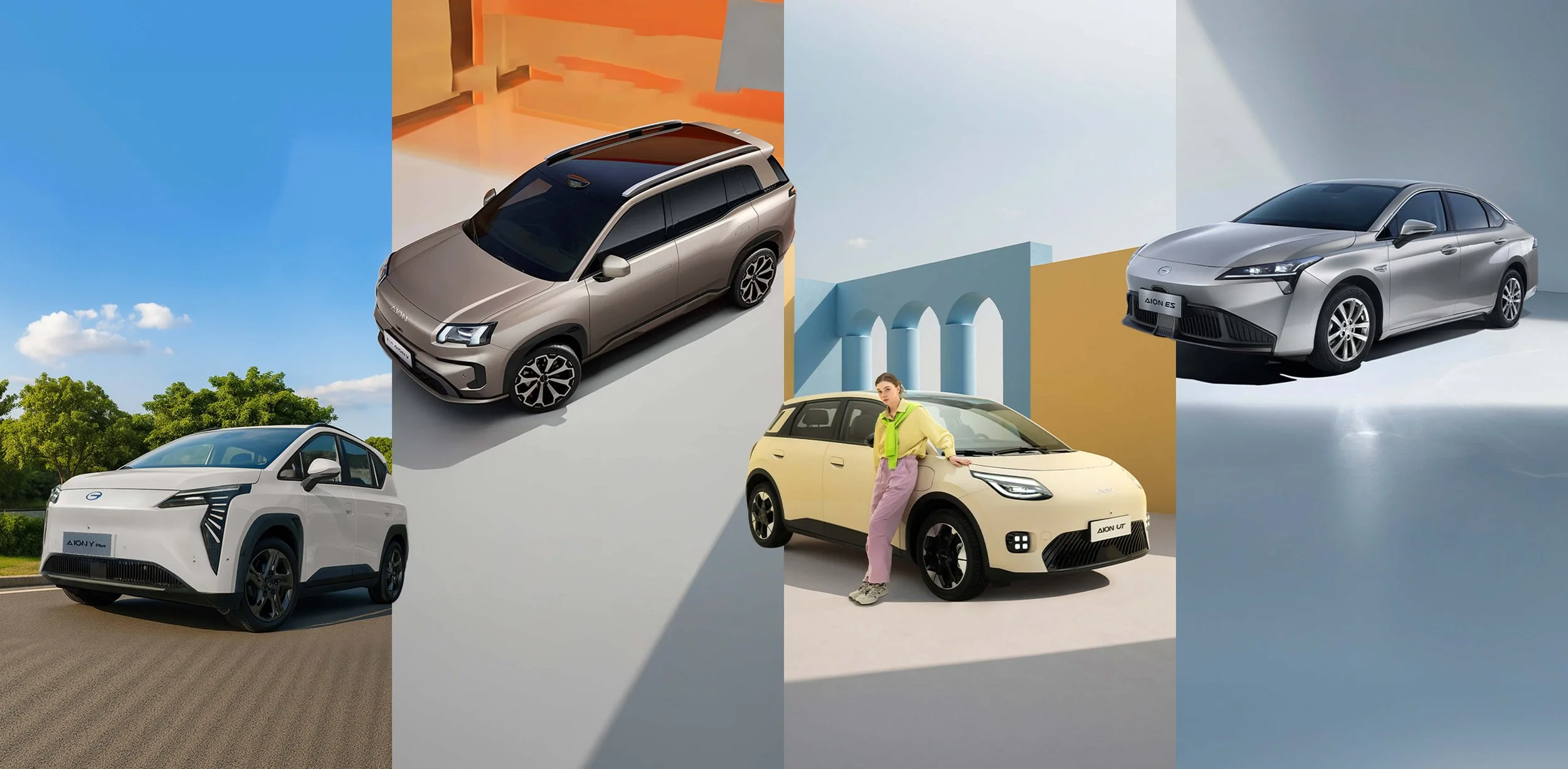 Cuatro autos diferentes en ambientes variados con fondo colorido, incluyendo un auto blanco, uno gris, uno beige y otro plateado, acompañado de una persona joven en uno de los autos.