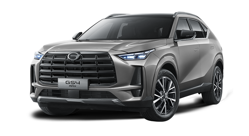 Un auto gris oscuro SUV, marca GAC modelo GS4 Max, en un escenario sin fondo.