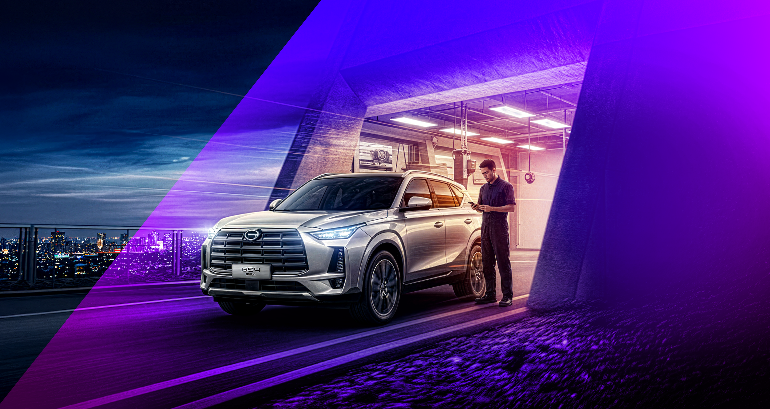 Un coche SUV gris estacionado en un garaje con una persona usando su teléfono y ciudad de fondo en la noche, con efectos de luz morada y azul.
