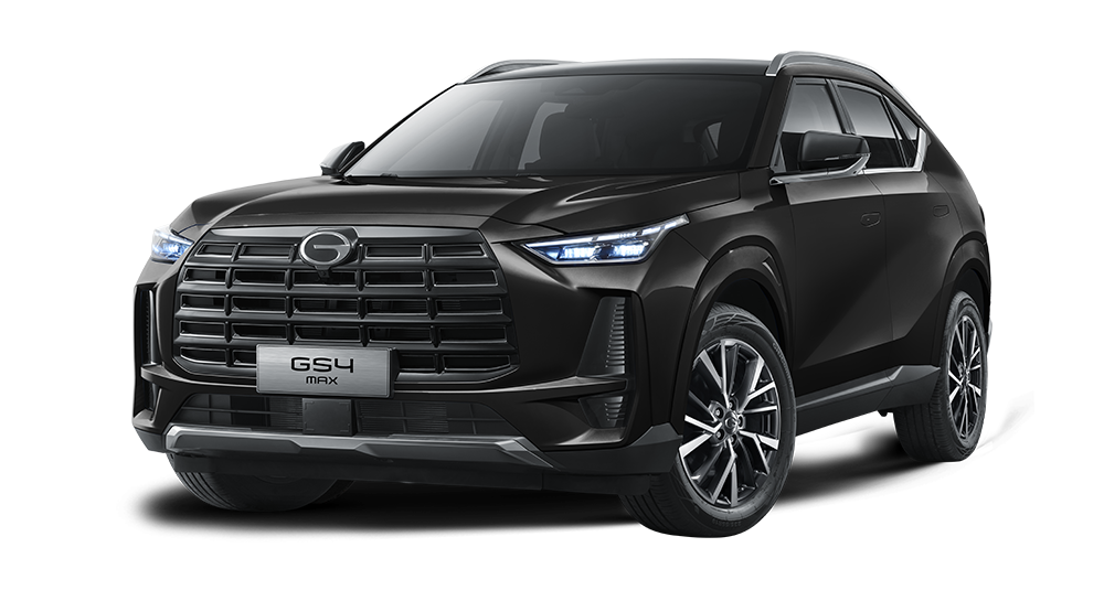 Vehículo SUV negro con diseño moderno y luces LED frontales, marca GAC y modelo GS4 Max, en un fondo oscuro.