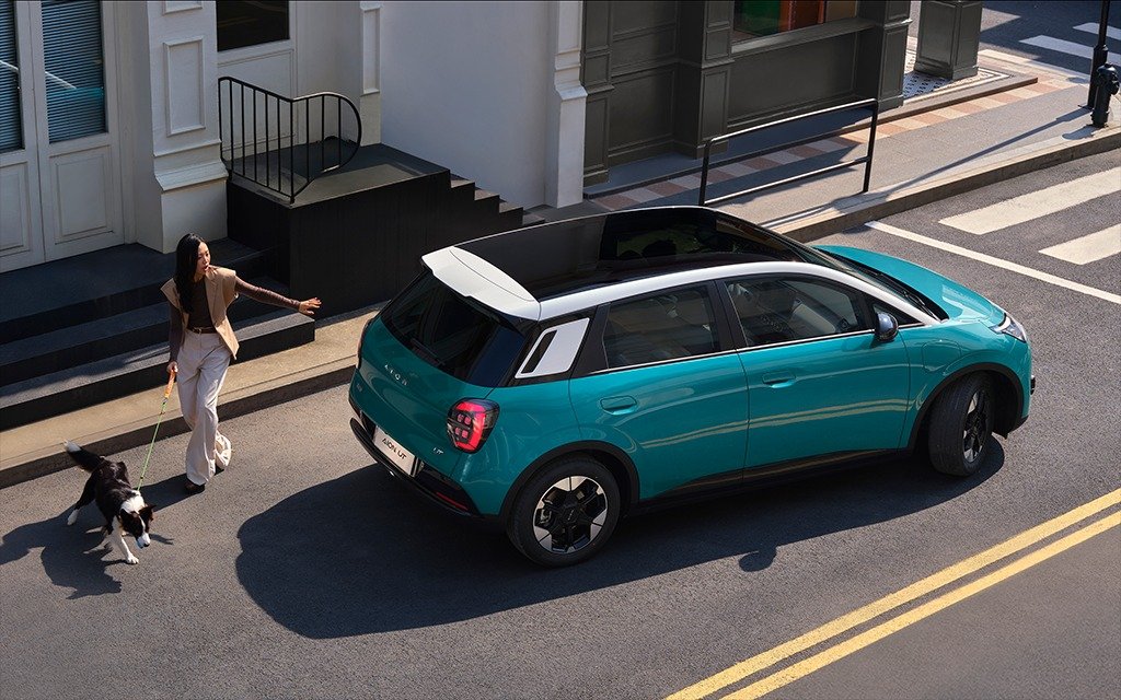 Mujer con un perro en una acera, junto a un coche azul en una calle urbana con paso peatonal