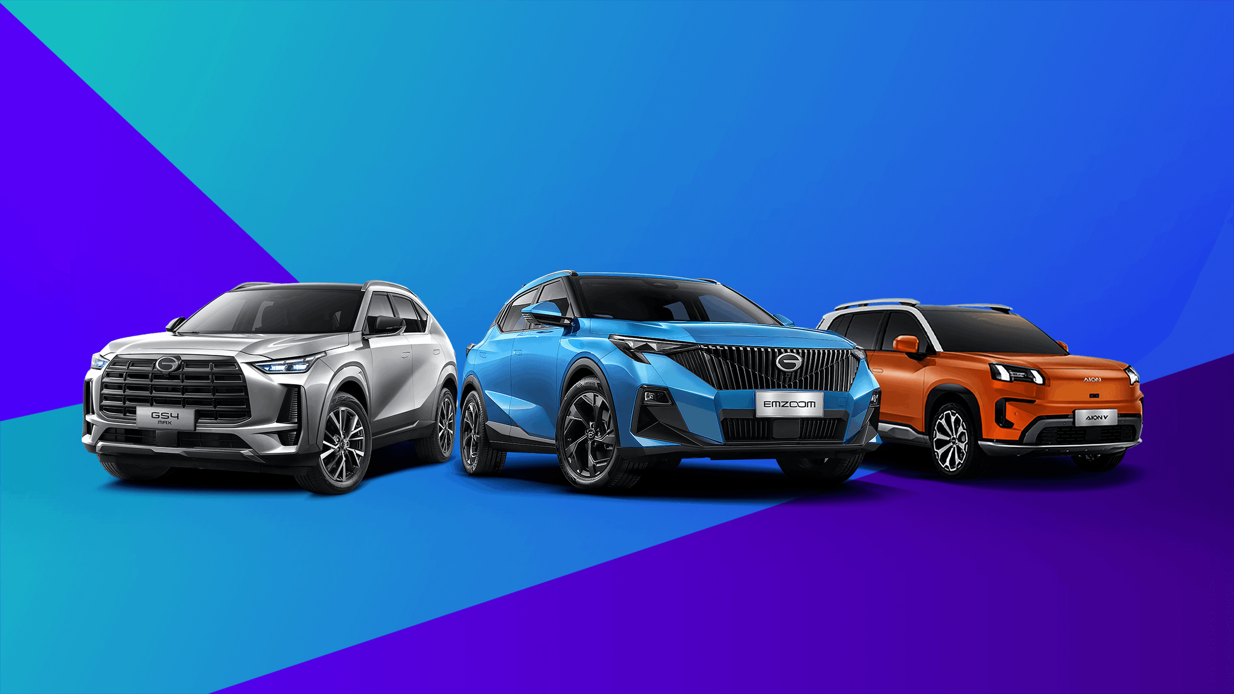 Tres autos modernos en diferentes colores, fondo en tonos azules y morados